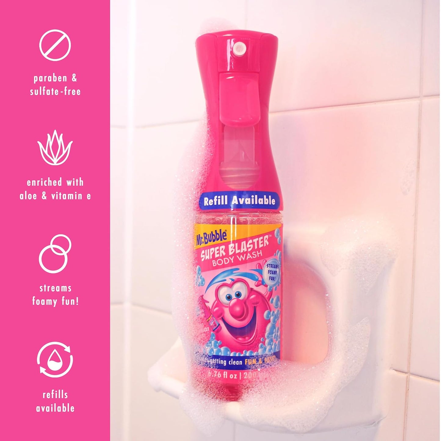 Mr. Bubble Super Blaster Body Wash, Sweet Strawberry Splash Scent, Fun Body Wash Sprayer for Kids Shower and Bath, 6.76 fl oz