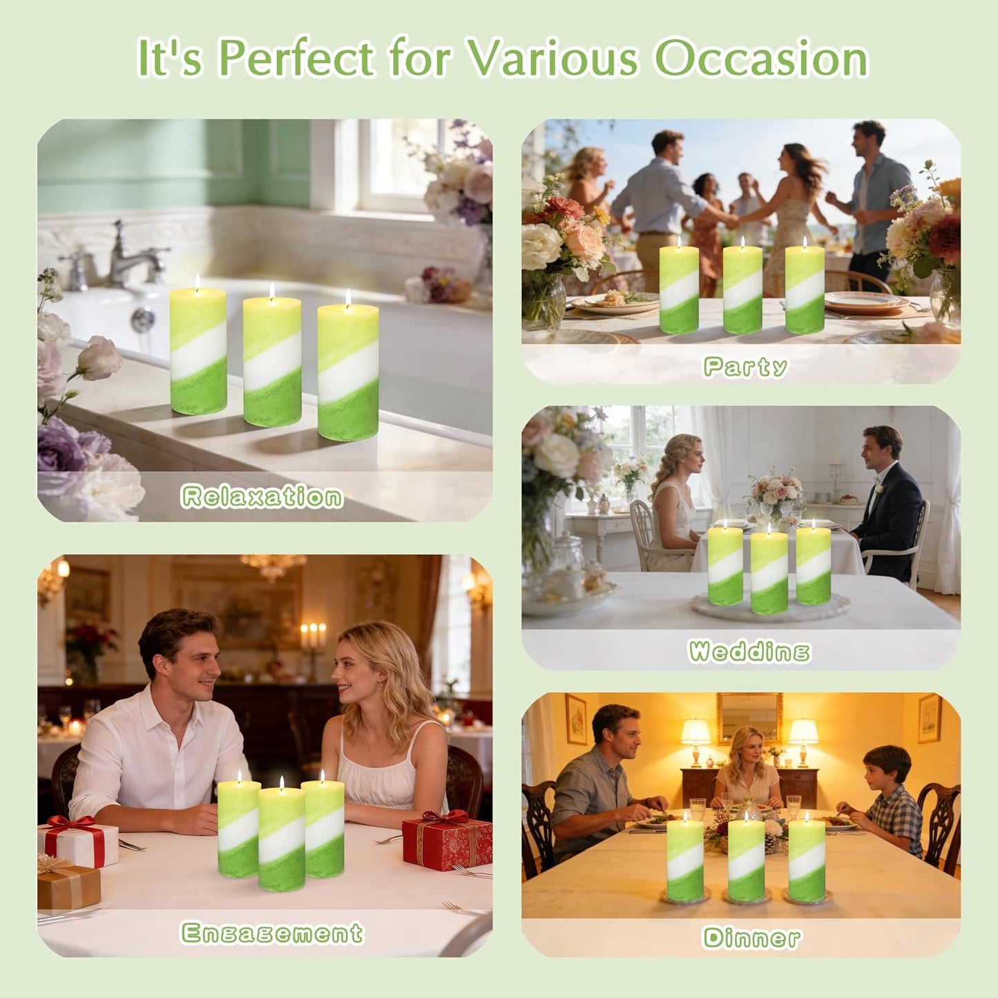 Eucalyptus Mint Scented Pillar Candles, 3x6 Inch Green and White Striped 100% Cotton Core Paraffin Wax Candles for Home Room Shelf Decor Idea, Set of 3