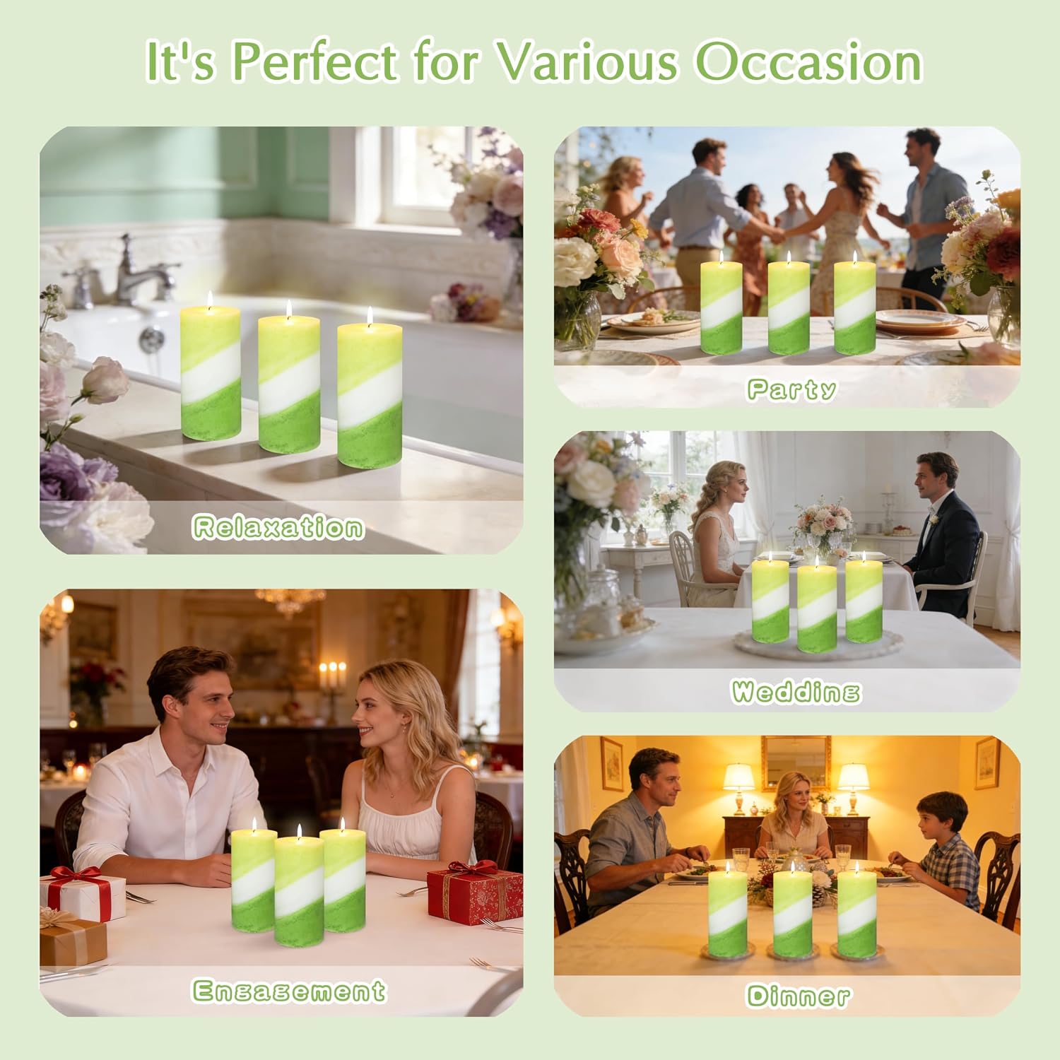 Eucalyptus Mint Scented Pillar Candles, 3x6 Inch Green and White Striped 100% Cotton Core Paraffin Wax Candles for Home Room Shelf Decor Idea, Set of 3