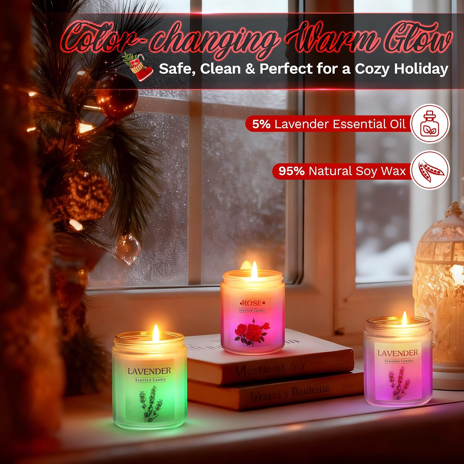 3 Pack Glowing Scented Candles with Sensor Light, 21 Oz Aromatherapy Gifts for Women, Rose Vanilla Lavender Long Lasting Fragrance, Natural Soy Candle for Home Scented