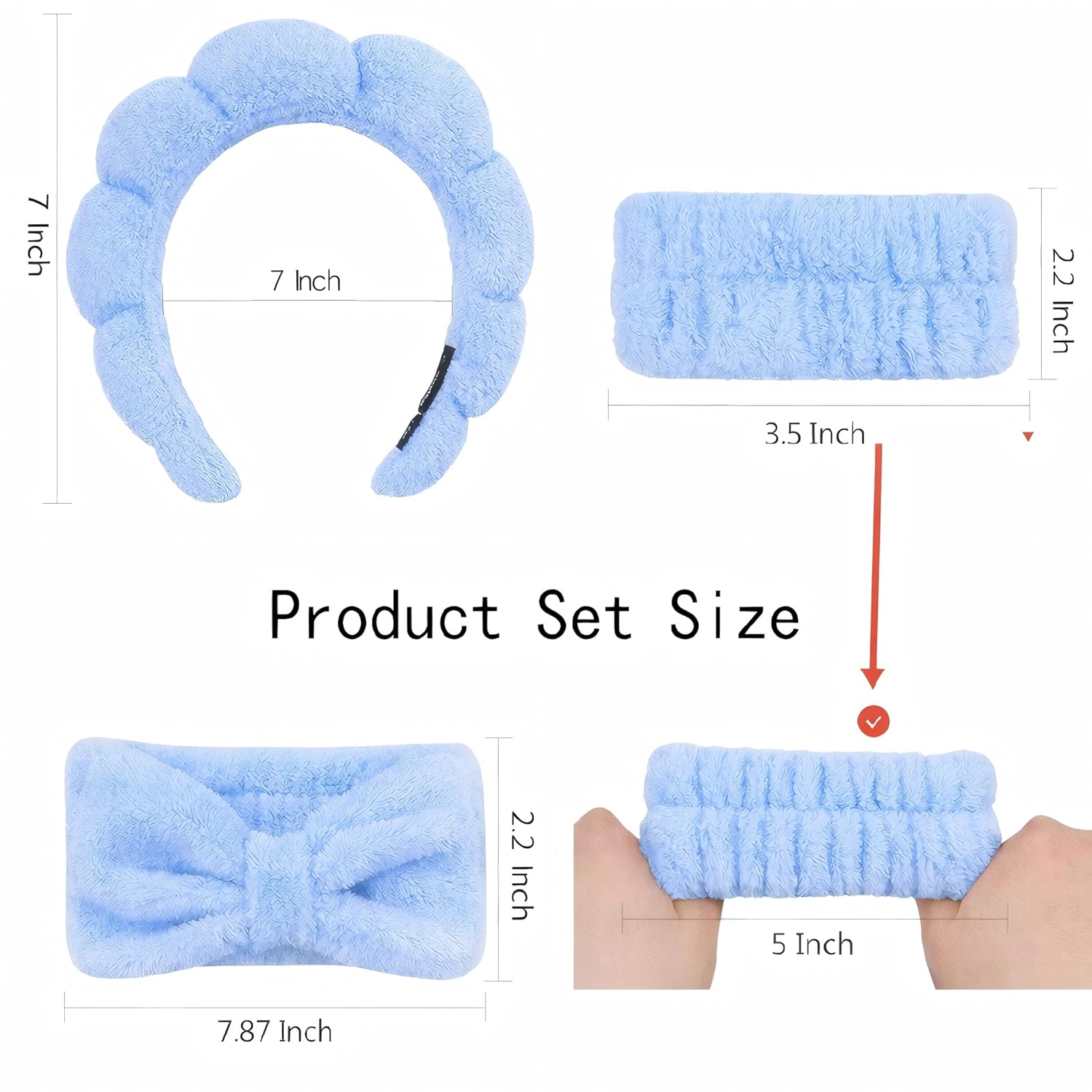 Headband for Washing Face and Wristband Set, Blue | Soft absorbent fabric, snug head-hugging fit for face washing, skincare, makeup, masks, travel, women and teen girls