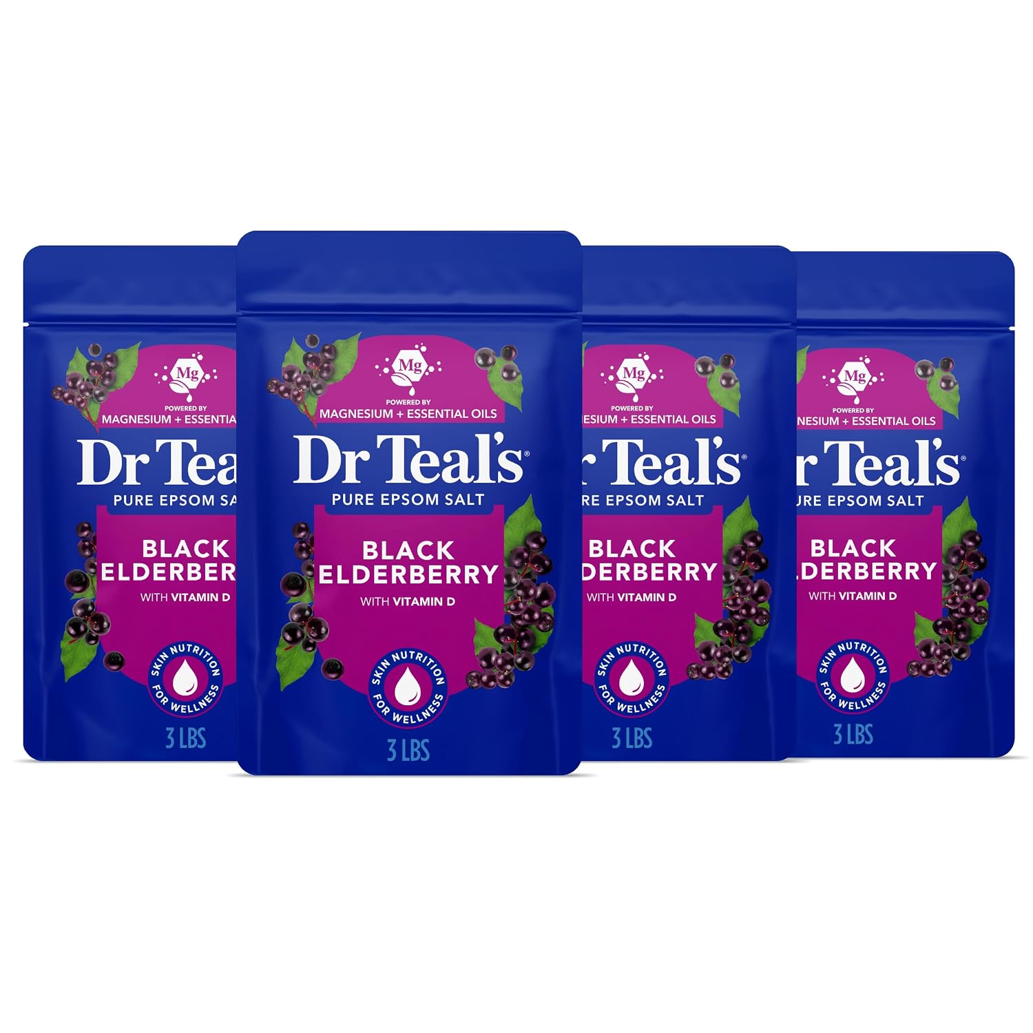 Dr Teal's Epsom Salt Magnesium Soak, Black Elderberry, 3 lbs | Vitamin D infused, Pack of 4