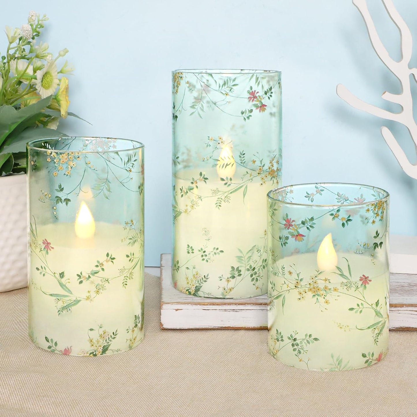 Flameless Candles with Remote Control, Flickering LED Glass Candles, Battery-Operated with Timer and Adjustable Brightness, Floral Branch Design for Home Decor and Wedding, Set of 3