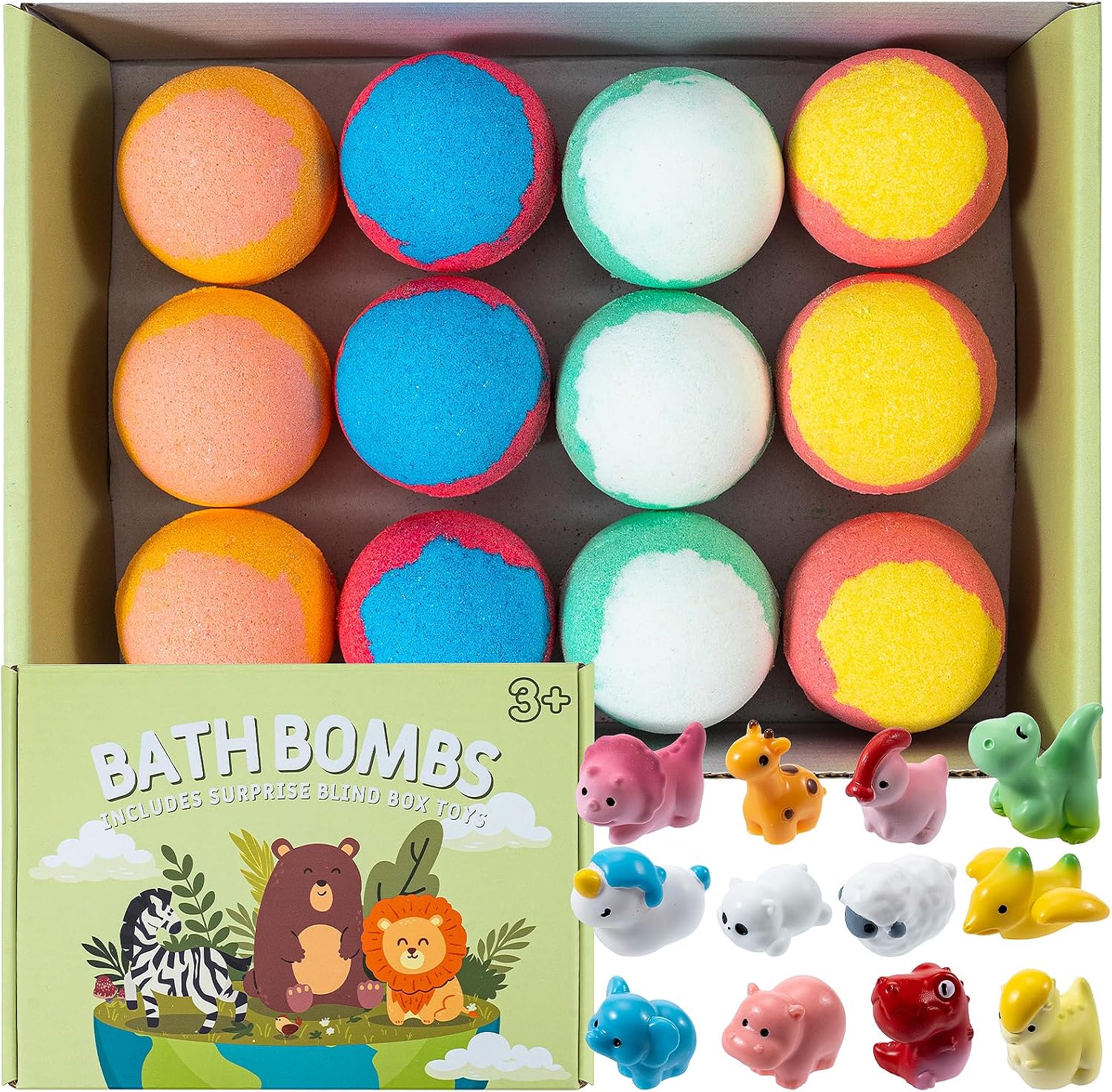 Bath Bombs for Kids with Surprise Inside, 12 Pack Bath Bombs with Mini Land Animal Toys Inside, Fizzy Bath Balls for Fun, Birthday Gifts, Perfect for Boys and Girls