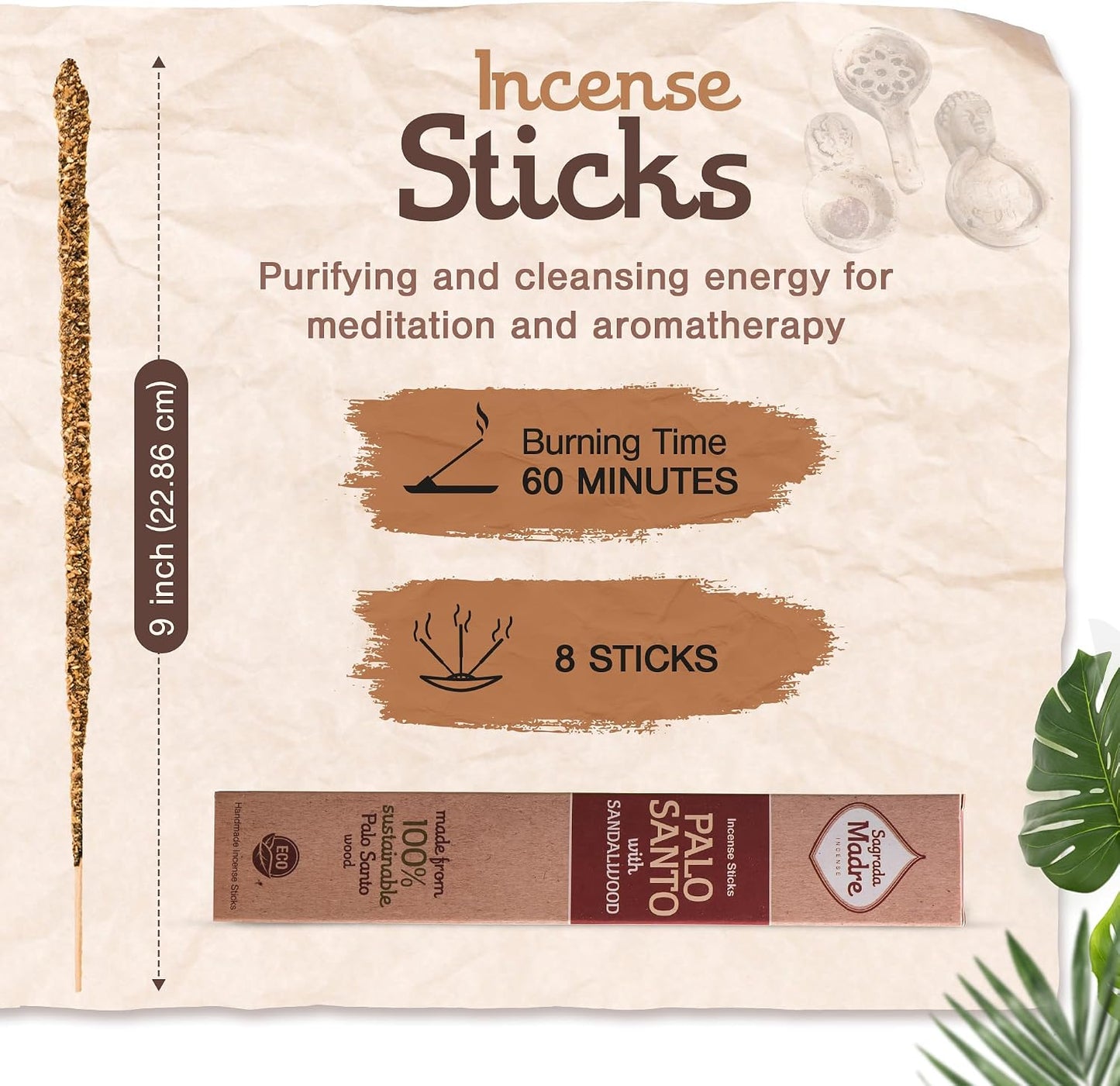 Sagrada Madre 8pcs Wildly Harvested Thick Palo Santo Incense Sticks (Sandalwood), 9” Long - Eco Friendly, Non-Toxic, Aromatic Incense Sticks (1hr Burning Time) to Heal & Calm Your Body and Environment