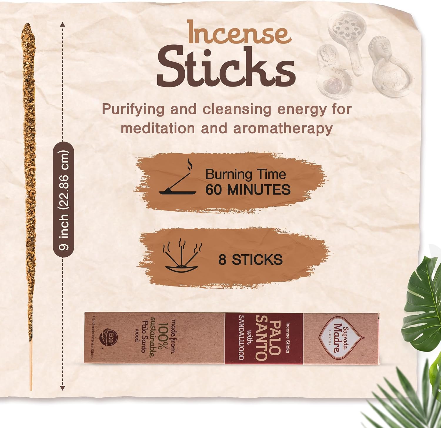 Sagrada Madre 8pcs Wildly Harvested Thick Palo Santo Incense Sticks (Sandalwood), 9” Long - Eco Friendly, Non-Toxic, Aromatic Incense Sticks (1hr Burning Time) to Heal & Calm Your Body and Environment