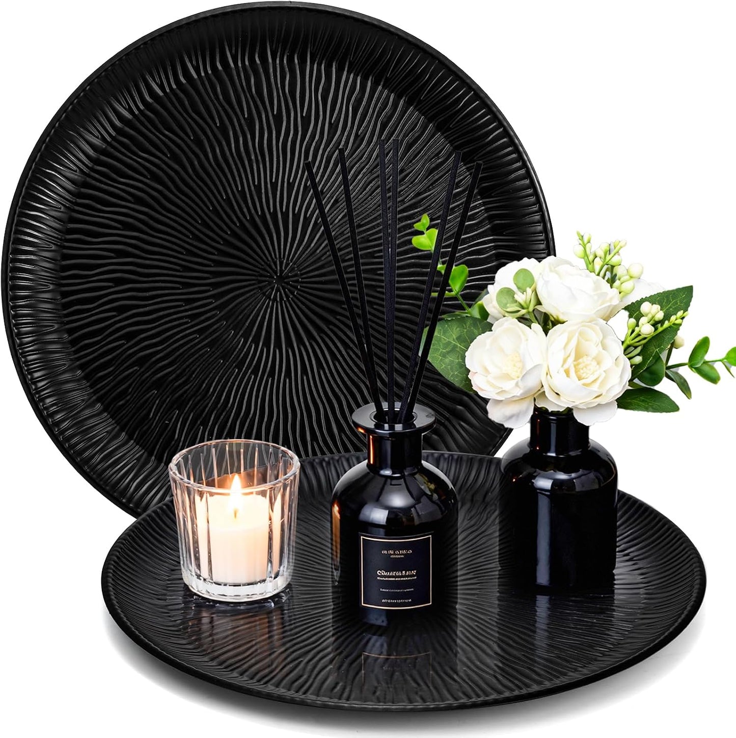 2 Pack Candle Holder Tray, 11 Inch Metal Decorative Tray with Corrugated Edge, Round Vanity Tray for Perfume Jewelry, Counter Organizer Serving Tray for Coffee Table Centerpiece Kitchen