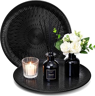 2 Pack Candle Holder Tray, 11 Inch Metal Decorative Tray with Corrugated Edge, Round Vanity Tray for Perfume Jewelry, Counter Organizer Serving Tray for Coffee Table Centerpiece Kitchen