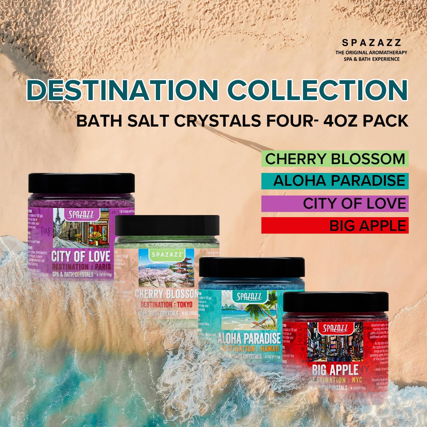 Hot Tub & Spa Aromatherapy Bath Salt Crystal Scents Spazazz Destinations Collection Bundle Aloha Paradise, Big Apple, City of Love, Cherry Blossom - Will Not Damage Spas & Hot Tubs (4 oz)