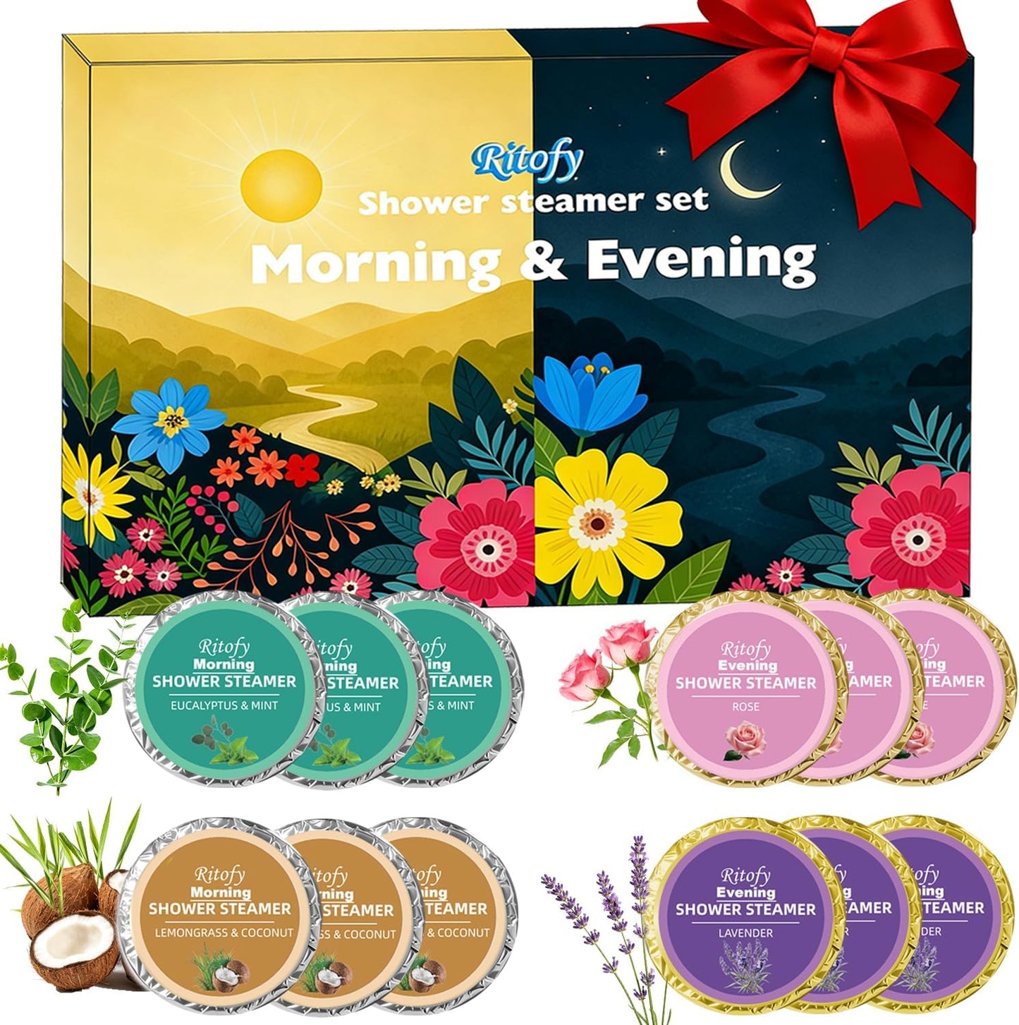 12 Tablets Shower Steamers Aromatherapy, Morning Evening Shower Tablets Set, Gift for Women and Men, Self Care Lavender Rose Lemongrass Coconut Eucalyptus Mint