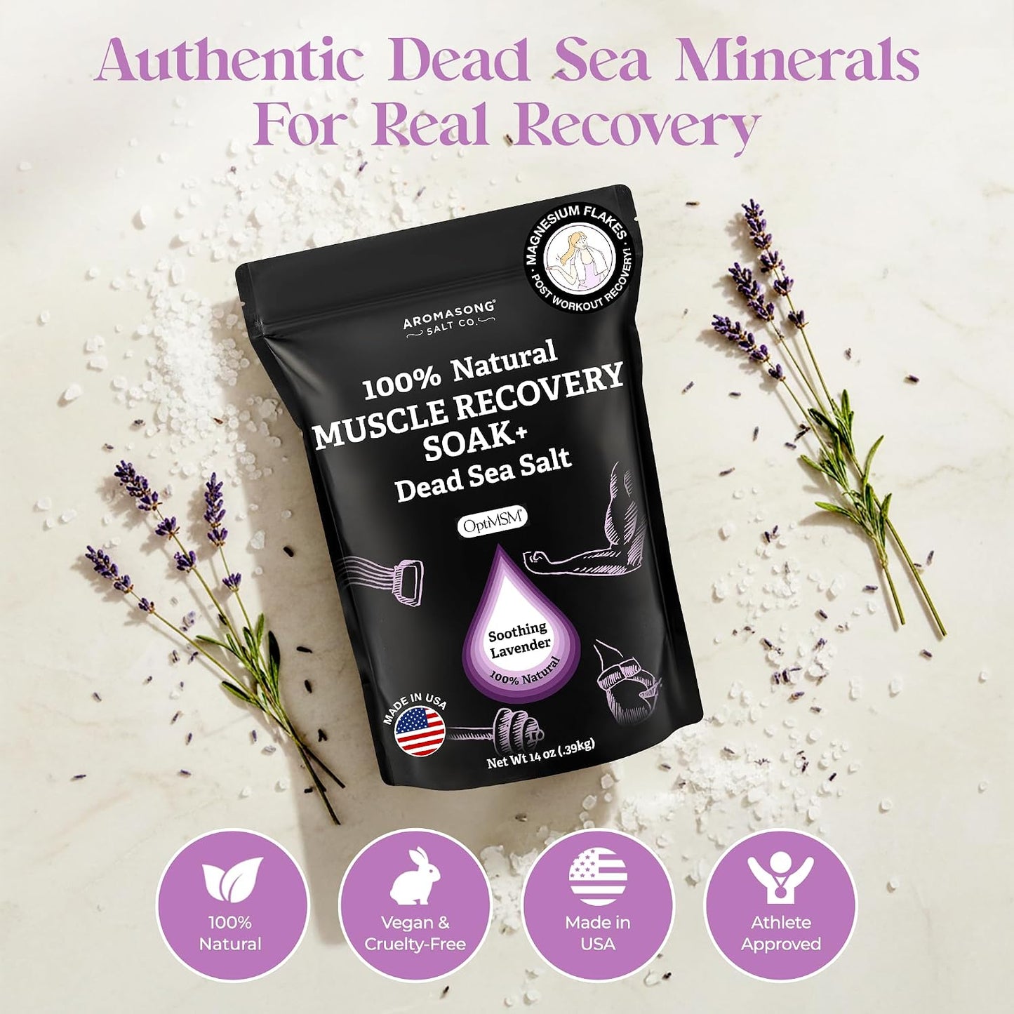 Aromasong Muscle Recovery Bath Soak with Dead Sea Salt, OptiMSM, Magnesium Flakes & Essential Oils for Post Workout Soreness - Made in USA - 14 oz. Bag Bath Salt for Pain Relief.