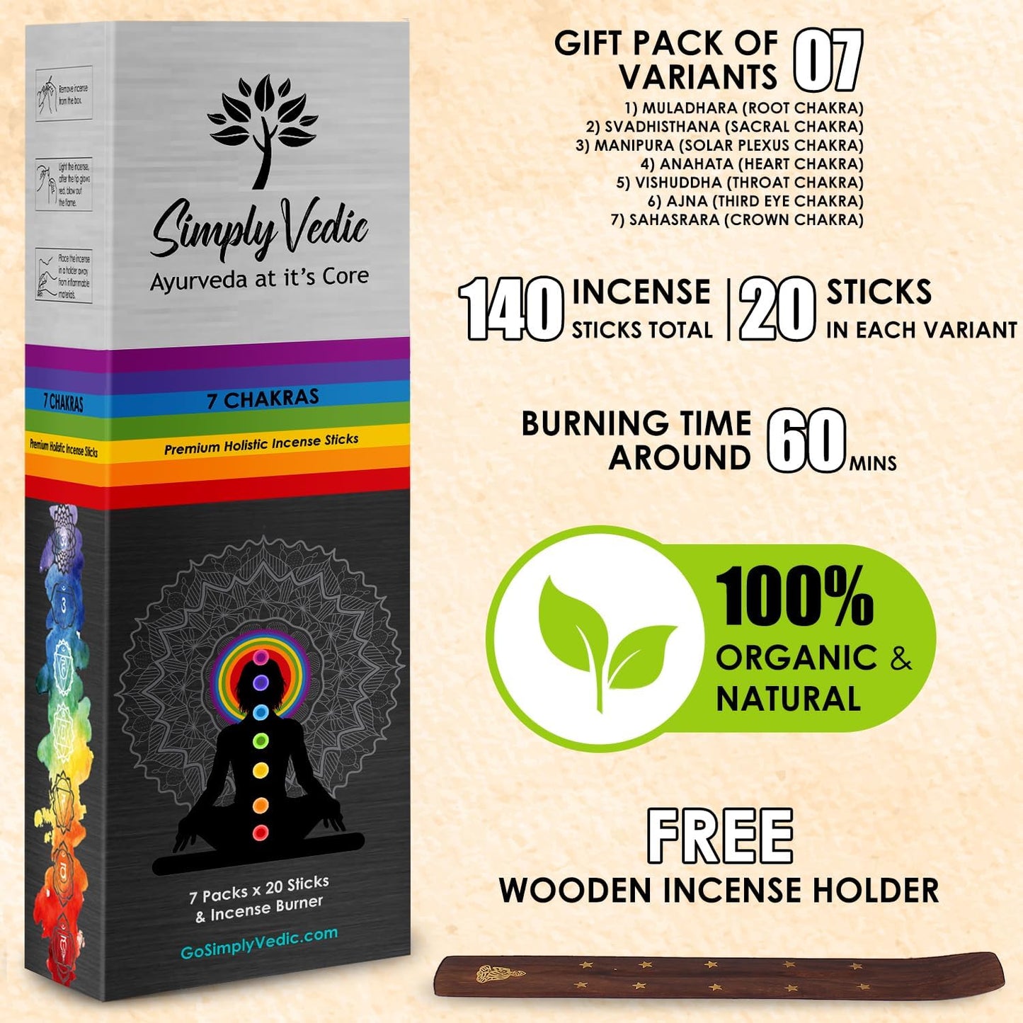 Simply Vedic 7 Chakra Incense Sticks, Aromatic Bliss for Balance & Healing| Handcrafted 140 Sticks with Pure Natural Scents to Align Energy Centers, Aromatherapy, Meditation, Yoga, Promote Relaxation