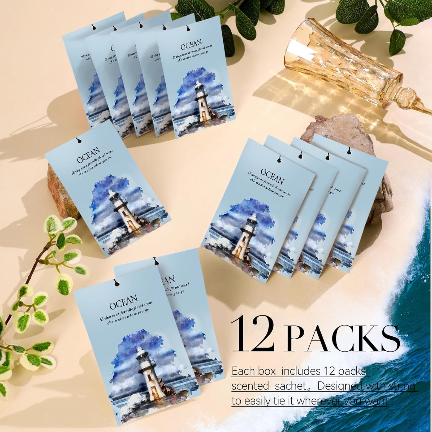 Ocean Scented Sachet Bags - 12 Pack Drawer & Closet Freshener, Long Lasting Odor Eliminator for Wardrobes, Cars & Storage, Home Fragrance Air Freshener Sachets