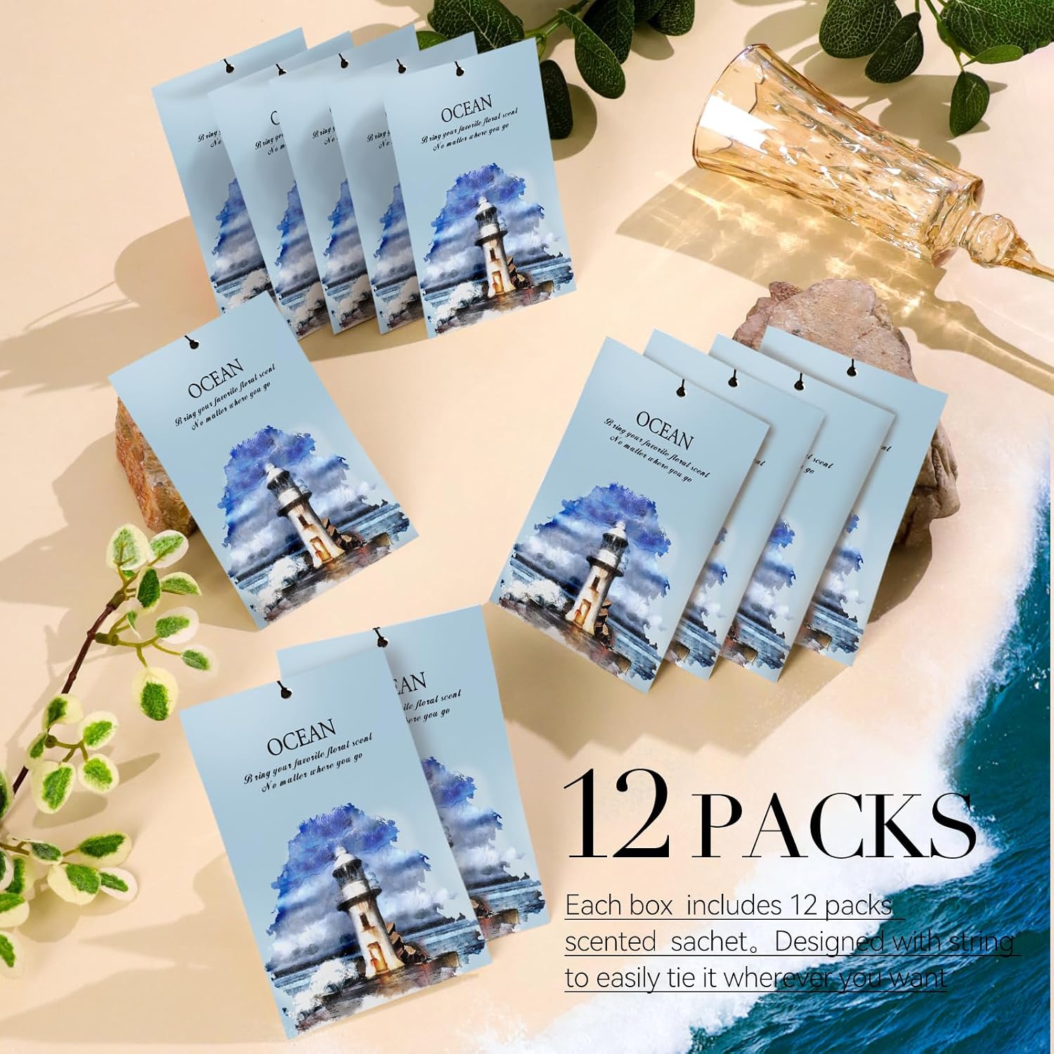 Ocean Scented Sachet Bags - 12 Pack Drawer & Closet Freshener, Long Lasting Odor Eliminator for Wardrobes, Cars & Storage, Home Fragrance Air Freshener Sachets