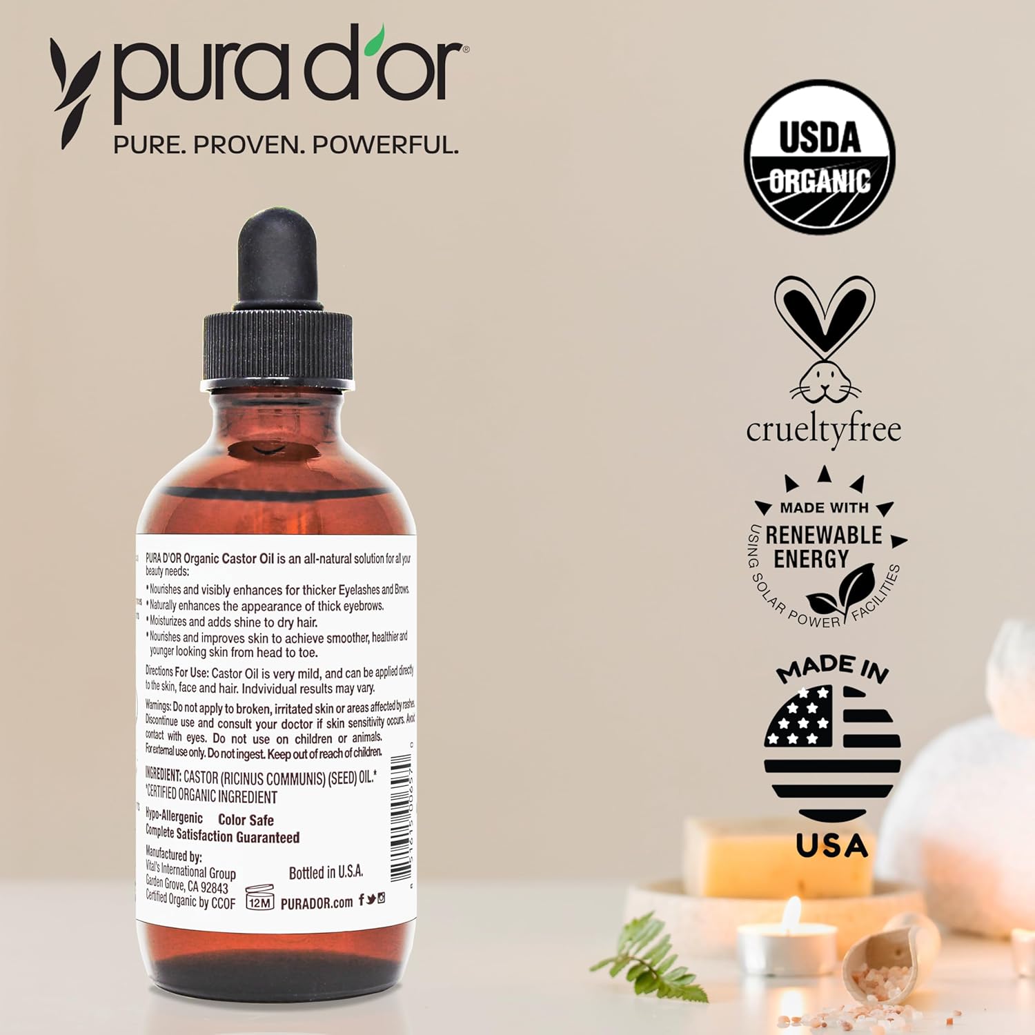 PURA D'OR Organic Castor Oil – Pure Cold-Pressed, Hexane-Free, USDA Certified - Hair, Lashes, Brows, Scalp, Skin: Supporting Softness, Strength, Hydration, Shine & Radiance 4 Oz Hair Regrowth Tonic