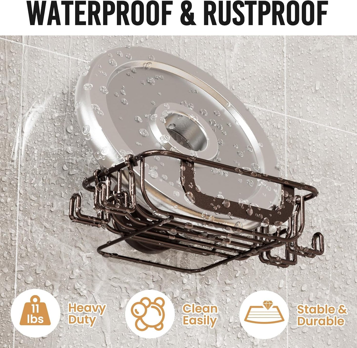 LEVERLOC Soap Holder Dish with Hooks for Shower, Bar Suction Cup Soap Tray Wall Mounted, Rustproof Stainless Steel Sponge Holder Caddy for Bathroom Bathtub Kitchen Sink, Brown