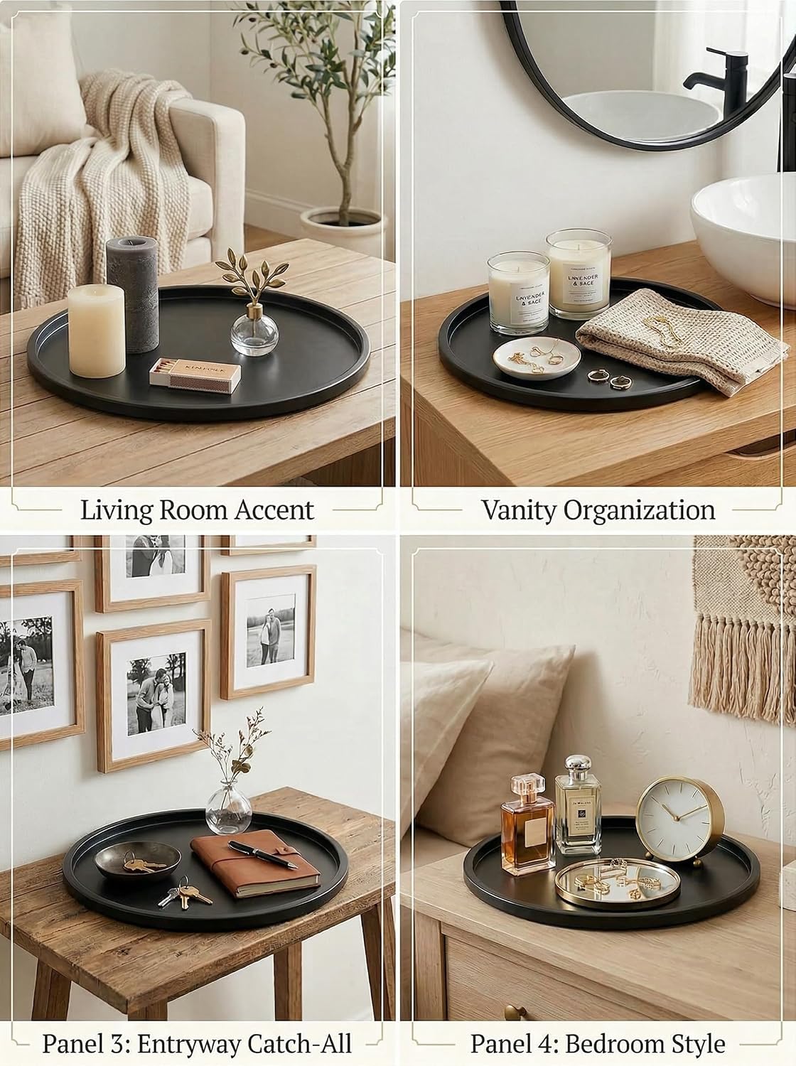 Romadedi Black Round Candle Tray: Metal Decorative Trays for Coffee Table Centerpiece Kitchen Bathroom Counter Modern Farmhouse Home Decor 11.8 Inches