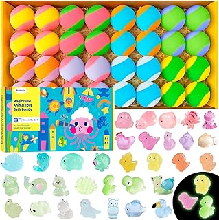 Bath Bombs for Kids with Surprise Inside, 32 Pack 1.8-Inch Fizzy Bath Bombs with 32 Different Glow-in-the-Dark Animal Toys, Kid-Friendly, Non-Toxic, 8 Scents, Birthday Party Favors & Stocking Stuffers