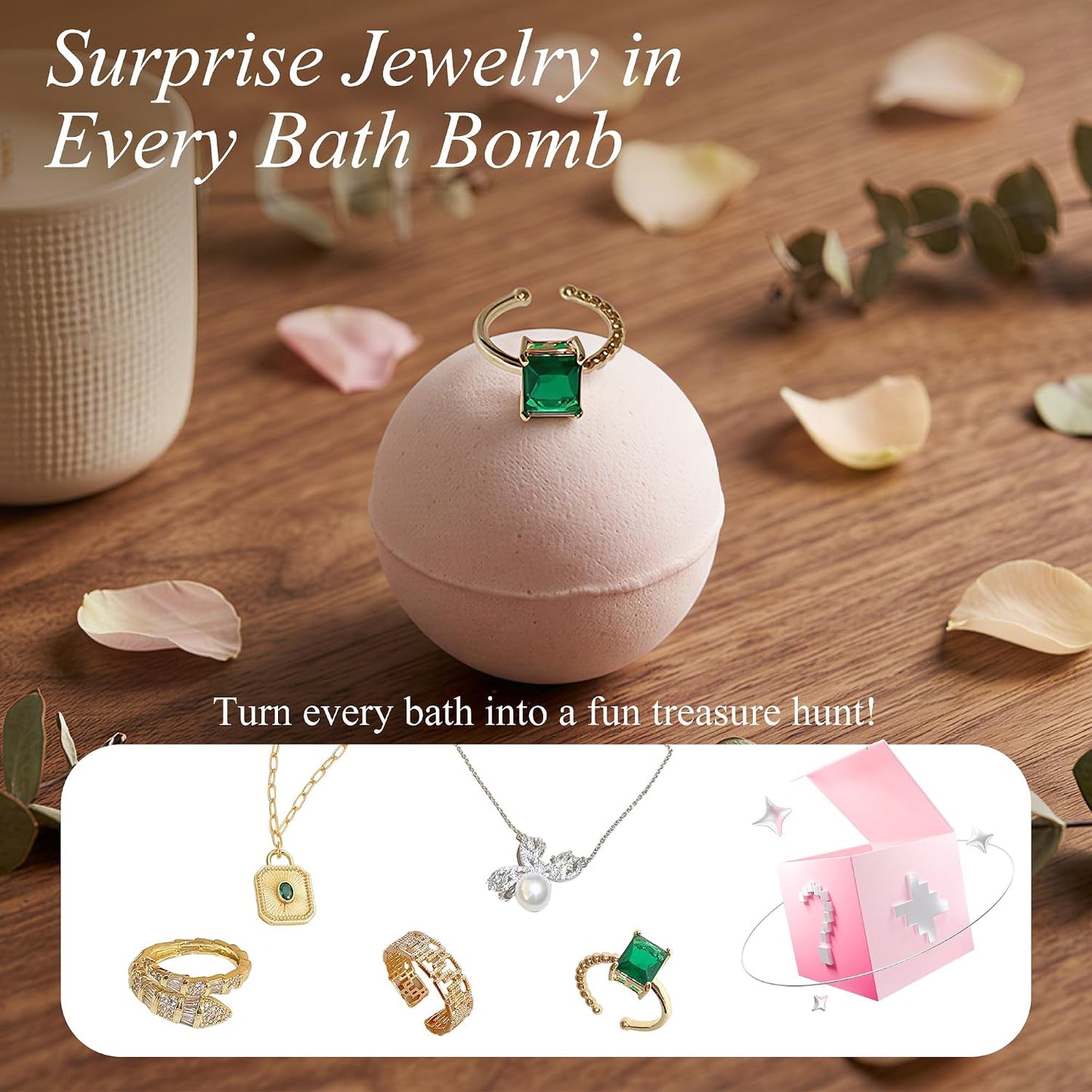 Jewelry Bath Bombs for Women with Surprise Rings, Necklaces Bracelets Inside,Handmade and Perfect for Gift,Large 4.23 oz, Adjustable Size