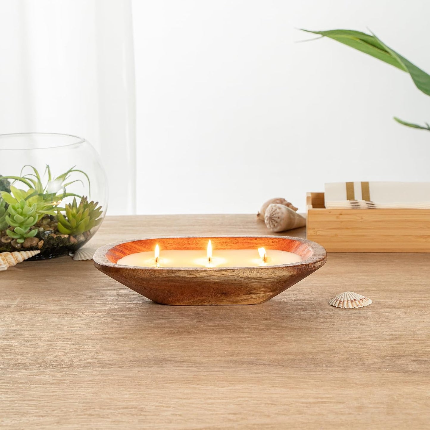 Restaurantware-Coco Casa 9.1 x 5.5 x 2 Inch Wood Dough Bowl Candle, 1 Hand Poured Bread Bowl Candle - Coconut Mango Fragrance, Double Wax Blend, Soy Wax Scented Candle, Wooden Wick