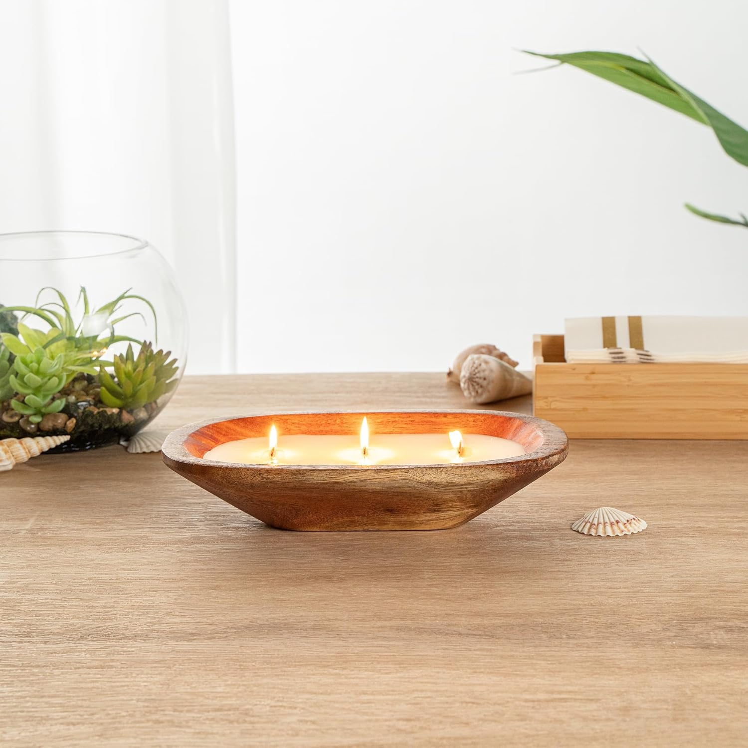 Restaurantware-Coco Casa 9.1 x 5.5 x 2 Inch Wood Dough Bowl Candle, 1 Hand Poured Bread Bowl Candle - Coconut Mango Fragrance, Double Wax Blend, Soy Wax Scented Candle, Wooden Wick