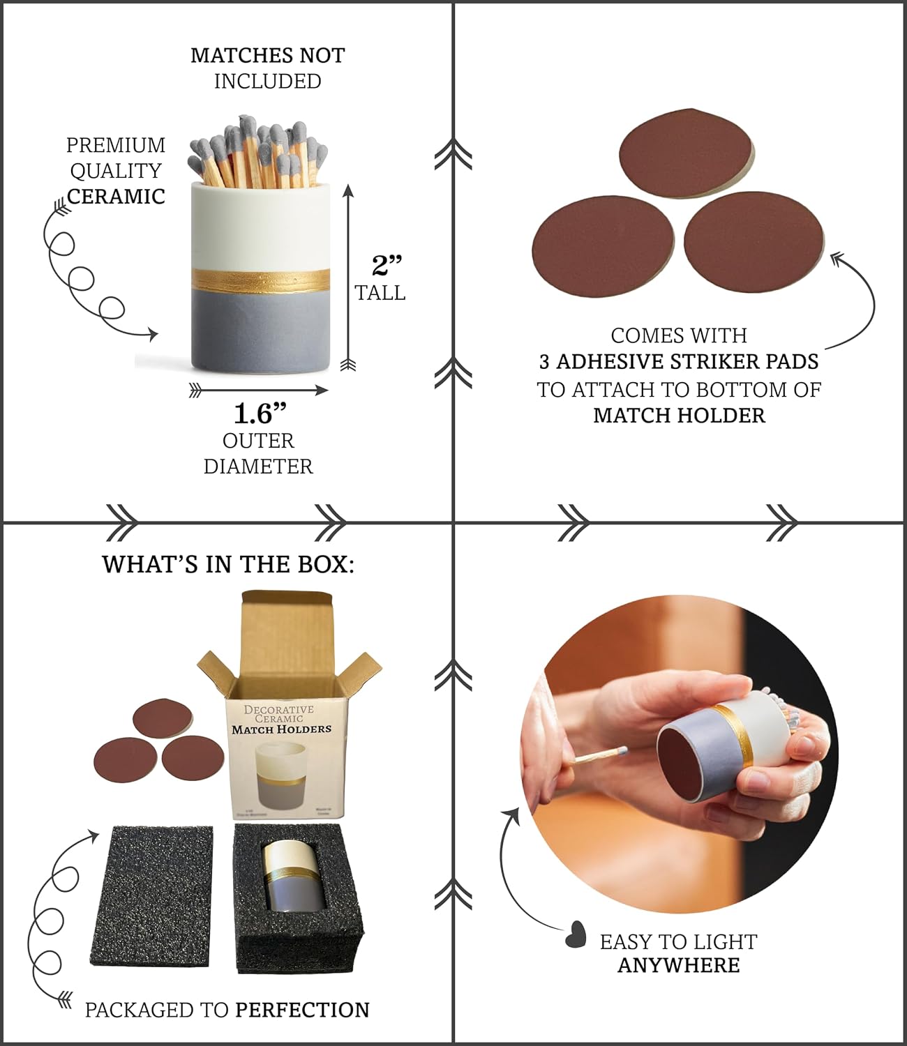 Ceramic Match Holder with Striker Pads - White/Navy/Gold - Decorative Matches in a Jar - Bathroom Matches Holder
