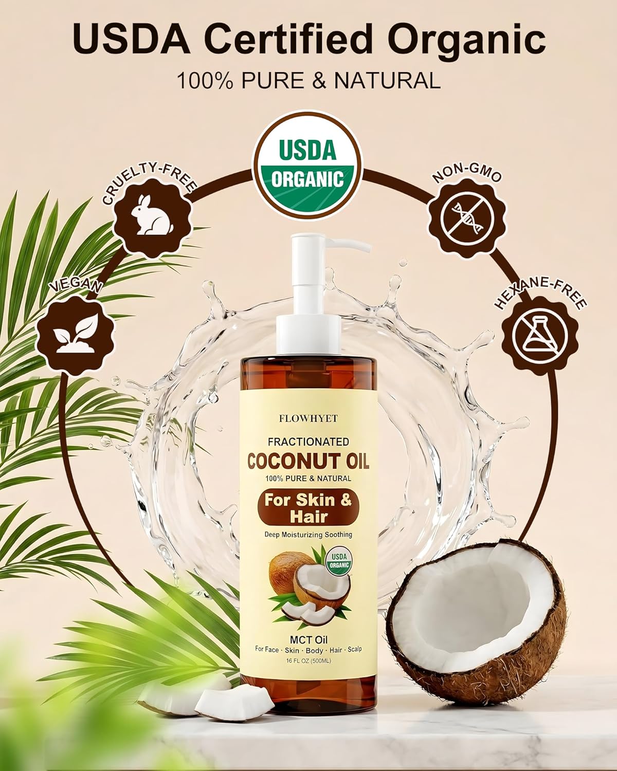 Organic Fractionated MCT Coconut Oil, 32 Fl Oz (2 x 16 Fl Oz), USDA Certified, 100% Pure & Natural Liquid Coconut Oil for Skin, Face, Body, Hair & Scalp, Lightweight Carrier Oil, Massage Oil