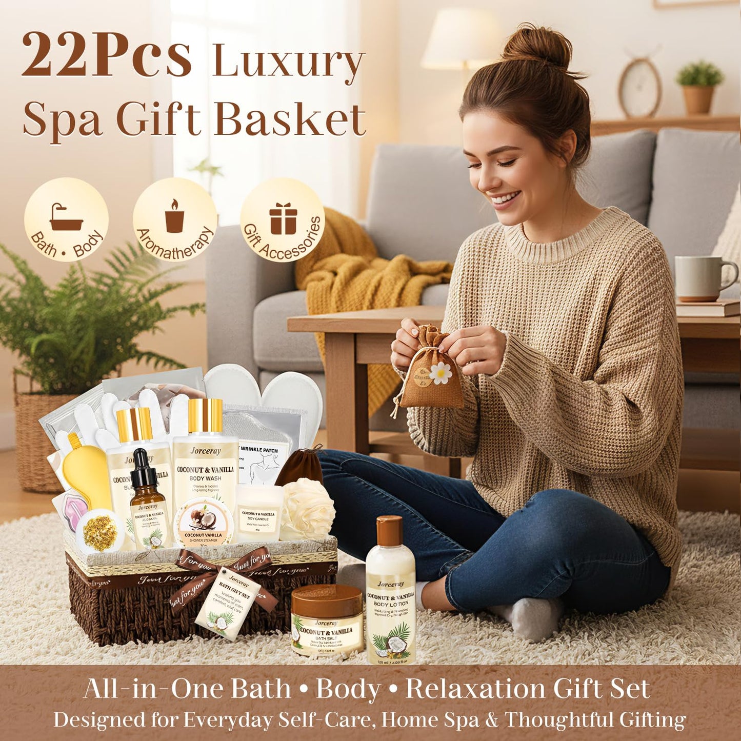 22PCS Spa Gift Baskets for Women, Luxury Bath and Body Gift Basket Set for Women Coconut Vanilla Spa Kit Relaxing Spa Self Care Gift for Her Wife Lover Mom Sister