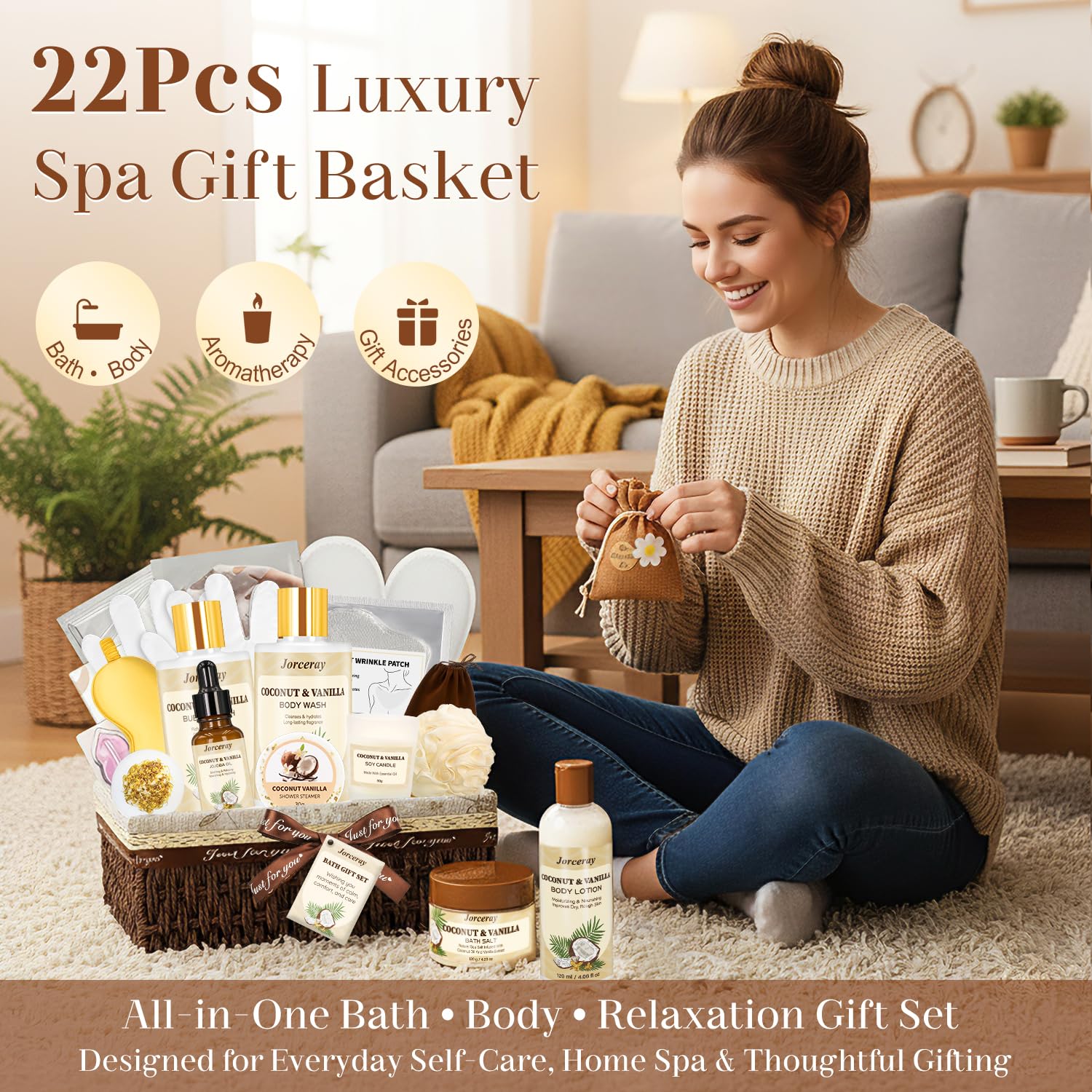 22PCS Spa Gift Baskets for Women, Luxury Bath and Body Gift Basket Set for Women Coconut Vanilla Spa Kit Relaxing Spa Self Care Gift for Her Wife Lover Mom Sister