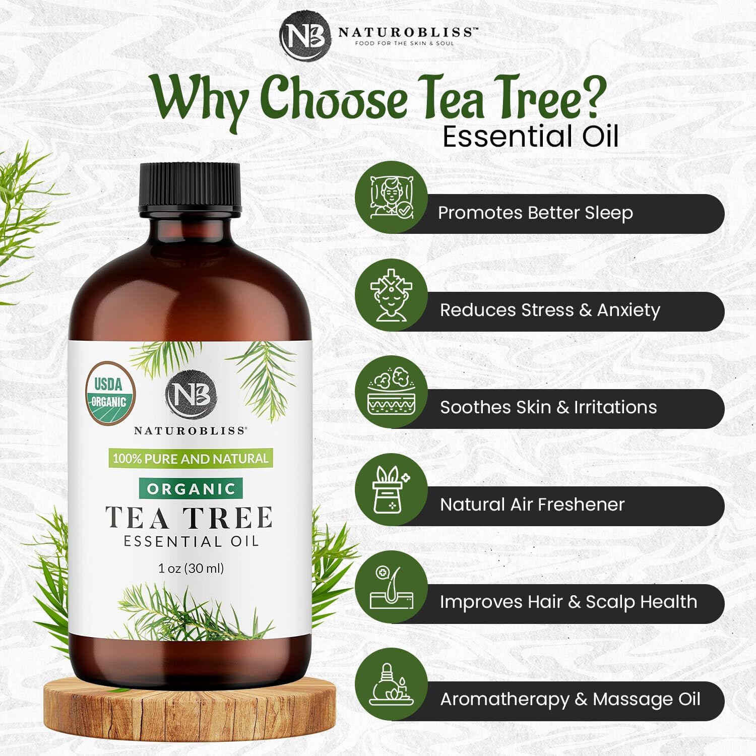 NaturoBliss Organic Tea Tree Essential Oil, 100% Pure Therapeutic Grade, Premium Quality Tea Tree Oil, 1 fl. Oz / 30 ml - Perfect for Aromatherapy and Relaxation (Tea Tree, 30ml)