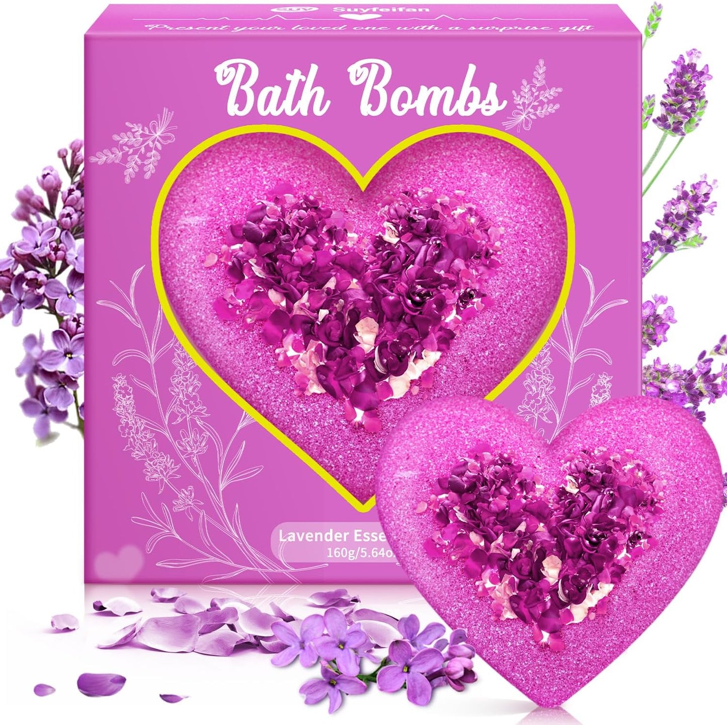 Lavender Bath Bombs for Women, XXL Organic Heart-Shaped Handmade Bath Bomb Fizzies with Lavender Essential Oil, Teacher Appreciation Gifts for Wife, SPA Relaxing Self Care