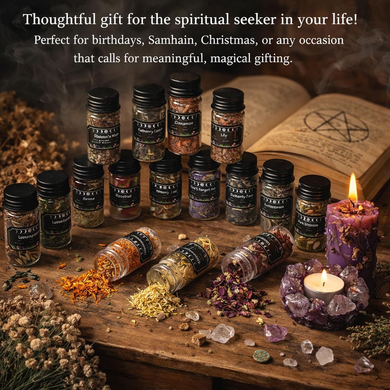45PCS Herbs for Witchcraft - Wiccan Supplies and Tools - Witchcraft Supplies Dried Flowers Kit for Witch Beginner, Wicca Altar Supplies, Magic Spell, with Witchy Spoon, Witchy Gifts for Women