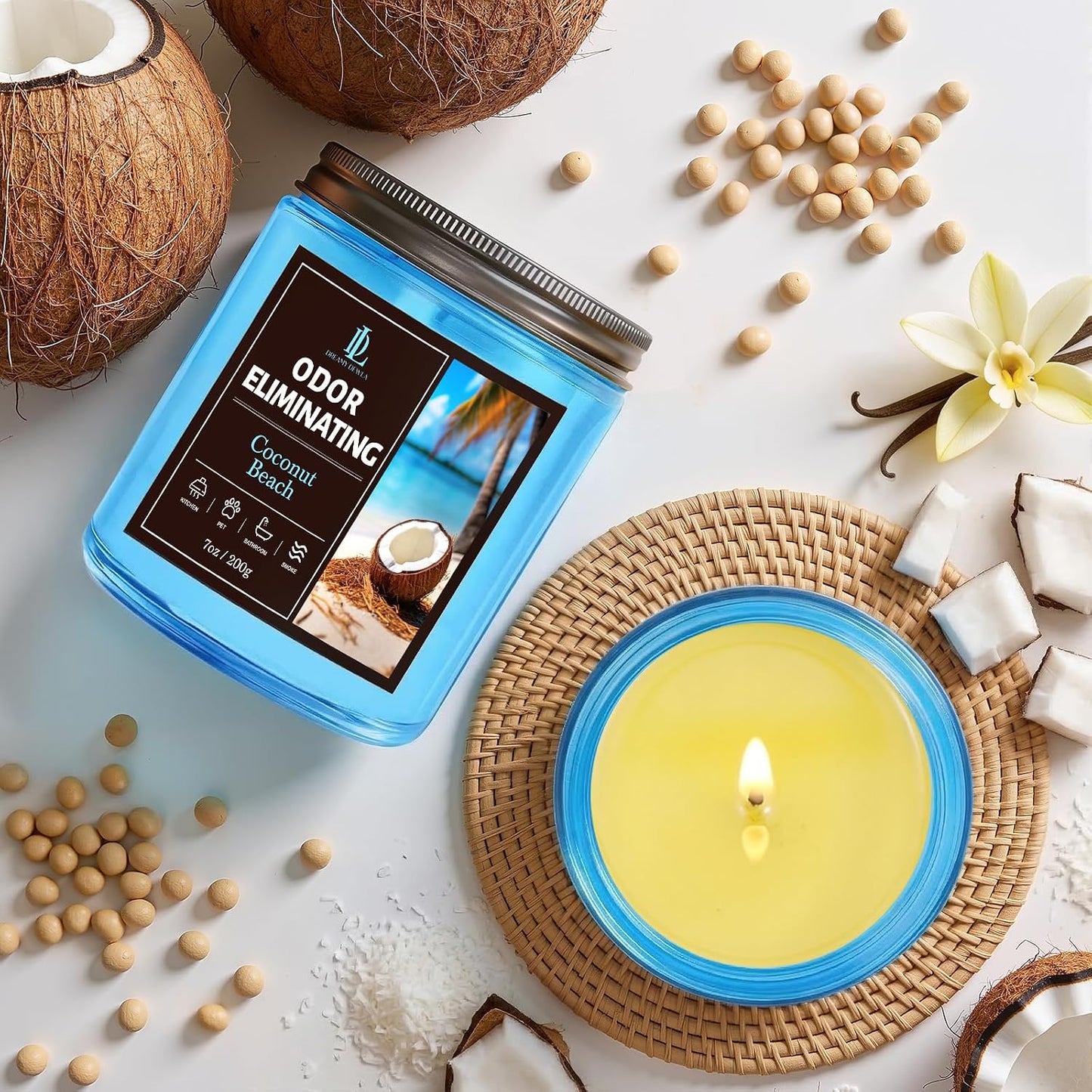 Coconut Beach Odor Eliminating Highly Fragranced Candle, Eliminates 95% of Living Room, Bedroom, Bathroom and Other Smells Quickly, Air Freshing Scented Candles, Soy Candle Gifts for Women Men, 7oz