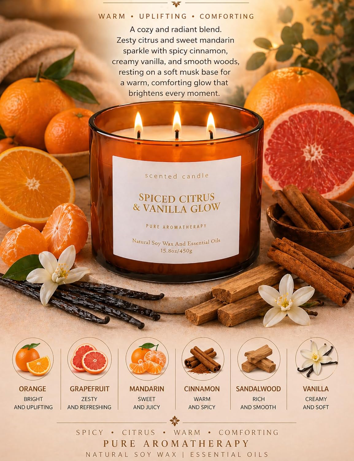 Spiced Citrus & Vanilla Glow Scented Candle | 3-Wick Large Soy Candle 15.8 oz | Highly Scented Cinnamon Aromatherapy Candle for Women & Men | Warm Cozy Home Scent | Clean Burn Long Lasting