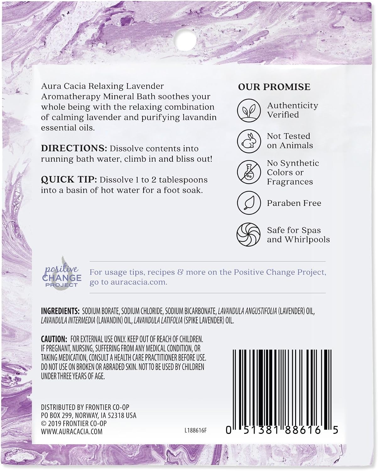 Aura Cacia Aromatherapy Mineral Bath, Relaxing Lavender, Mineral Bath Salts with Pure Essential Oils for a Soothing and Rejuvenating Foot and Body Soak | 2.5 Ounce (Pack of 1)