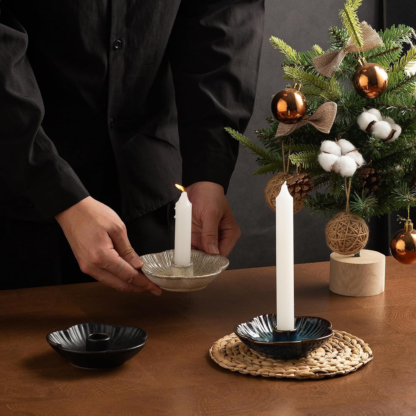 Mecaikru Ceramic Candle Holders Taper Candlestick Holder Flower Plate Tray for Candles, Incense, Santo Palo, Christmas Wedding Anniversary Party Home Decor (Camel)