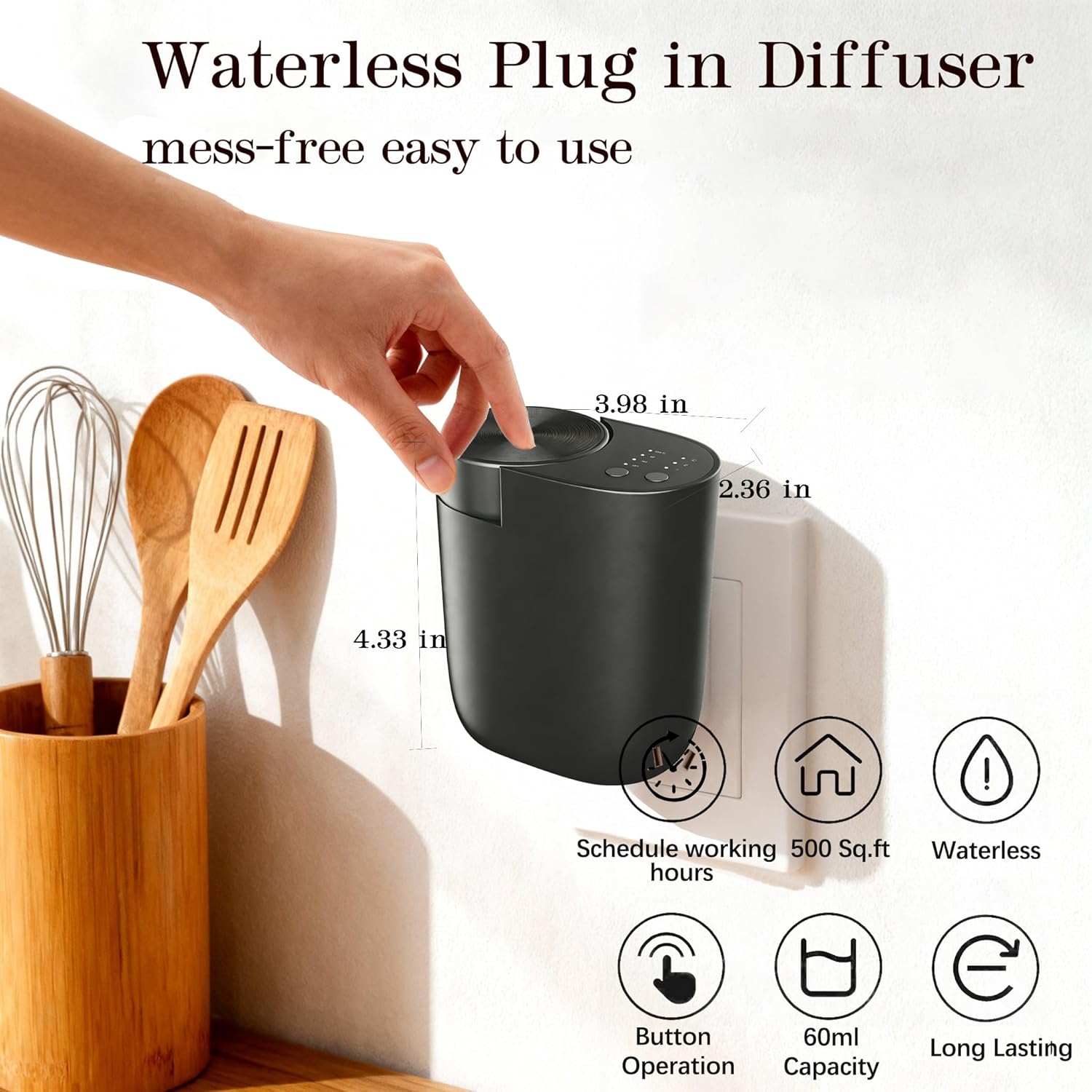 Waterless Diffuser for Essential Oil, Plug in Wall Scent Diffuser for Home, Quiet Cold Air Aromatherapy Diffuser with 500 Sq Ft Coverage, Includes 2×30ml Hotel-Inspired Oils (Black)