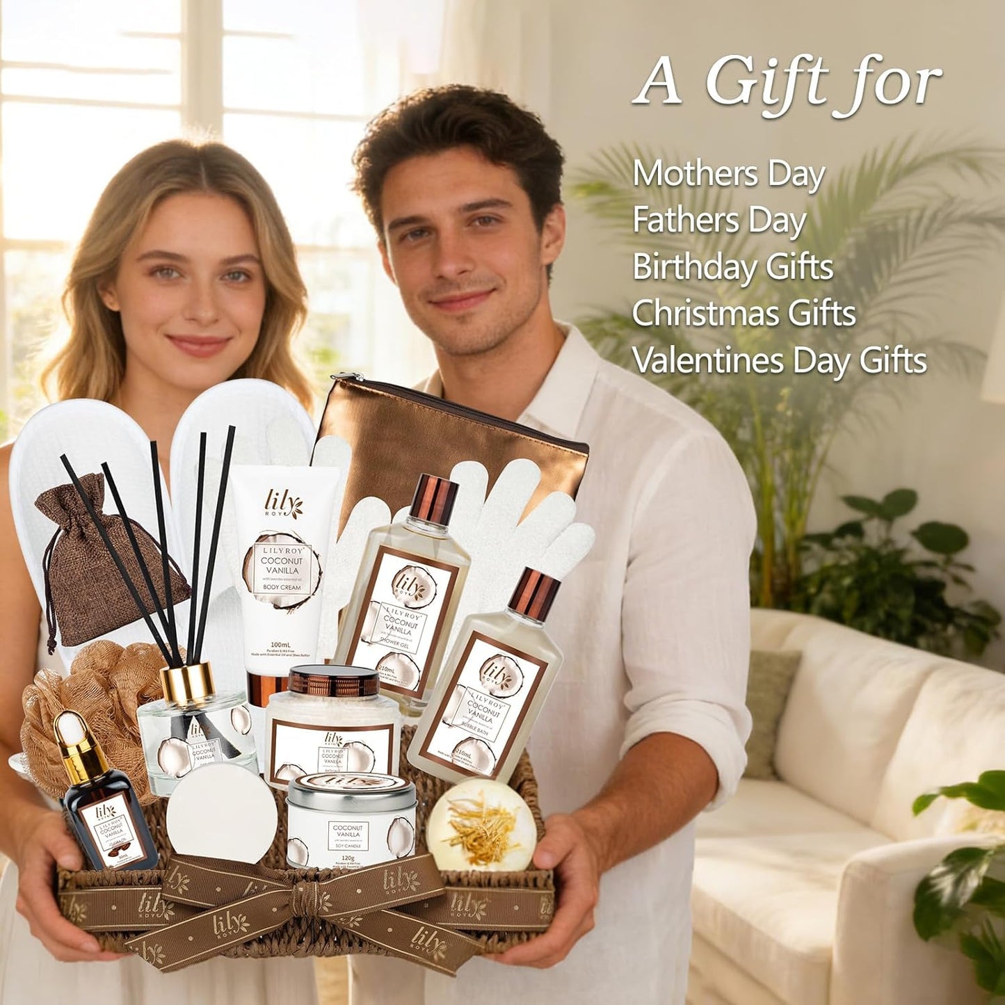 Coconut Vanilla Spa Gift Set, Complete Spa Bath Gift Basket for Women & Men