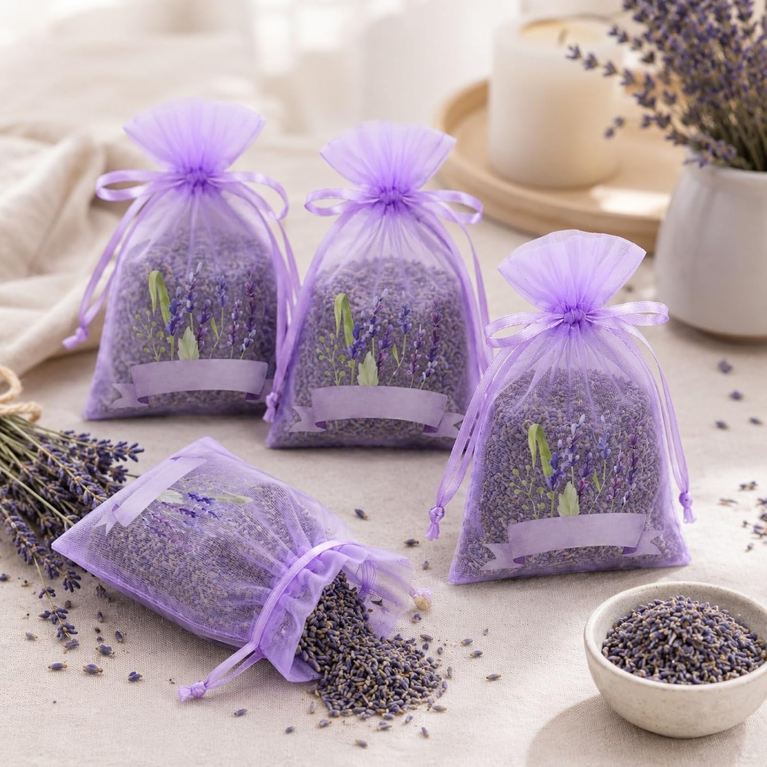 LUOZZY 50 Pcs Drawstring Organza Sachet Bags Small Mesh Lavender Sachets Bags Dried Flower Bags Christmas Wedding Party Favors Pouches (Light Purple)