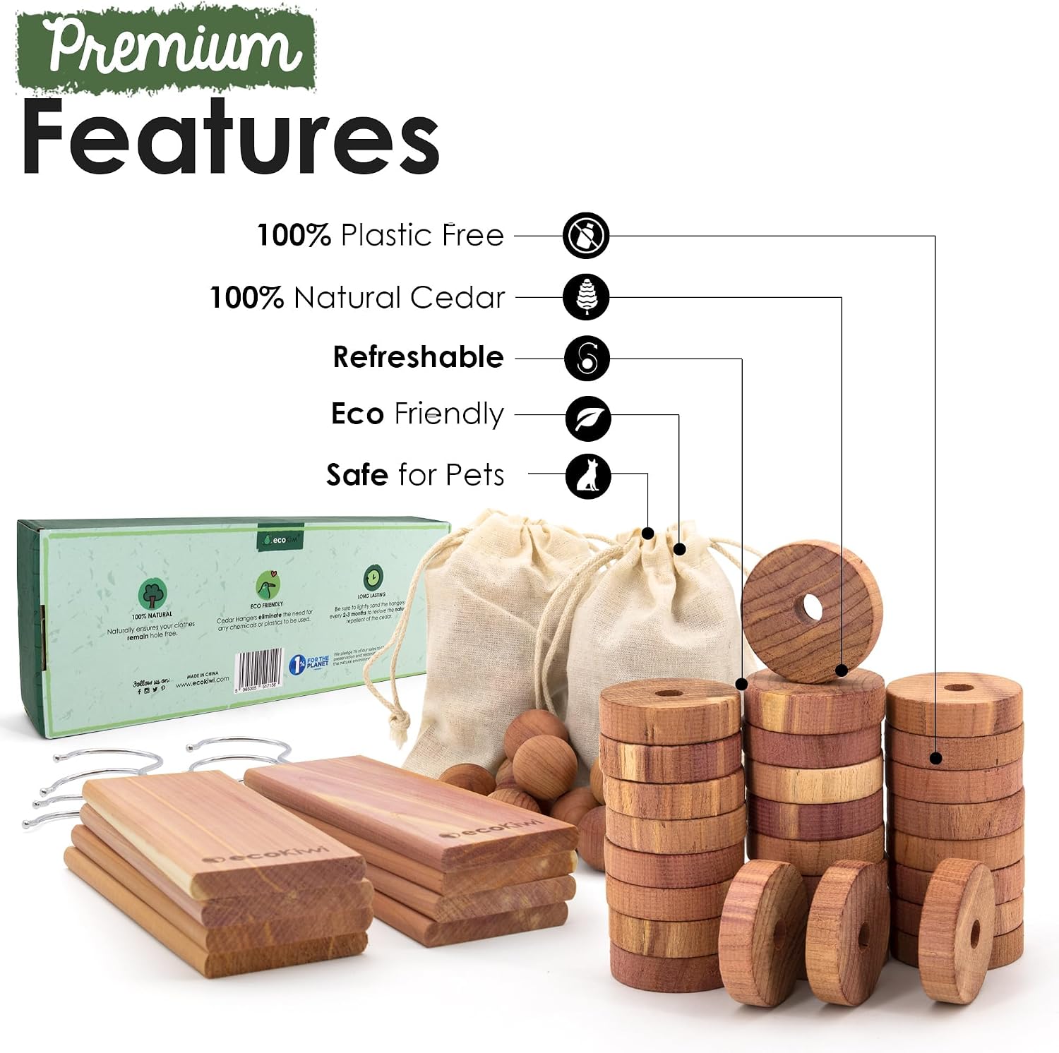 ecoKiwi Cedar Blocks for Clothes Storage Mini Bundle Box - Cedar Hangers x6, Balls x16 & Rings x12-100% Natural Oil Planks & Chips for Closets & Drawers - Aromatic Red Cedar Wood with Sandpaper