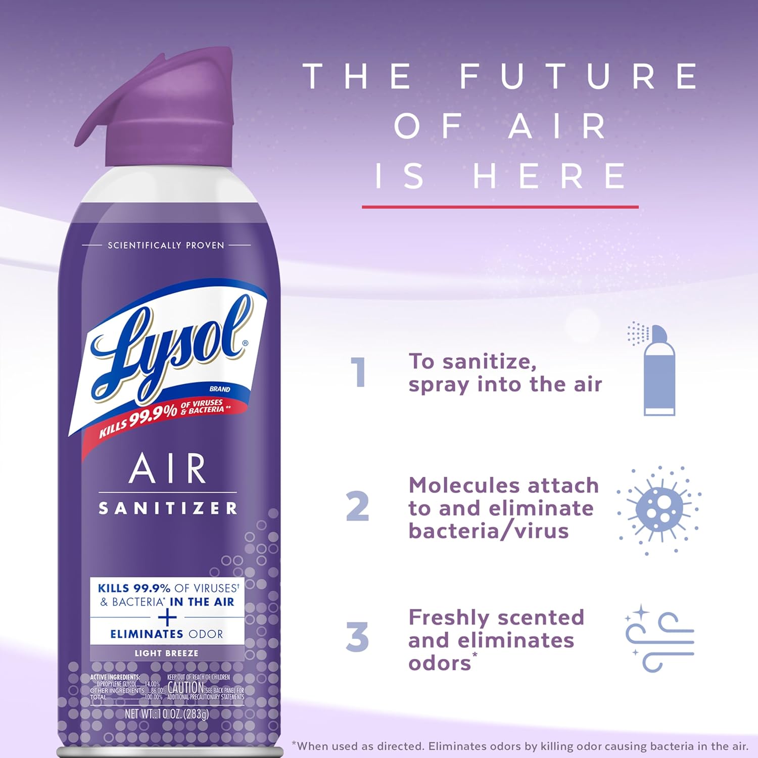 Lysol Air Sanitizer Spray with Bacterial Odor Eliminator for Home & Office, Sanitizing Air Spray, Air Freshener Alternative, Light Breeze Scent, 10 oz (Pack of 3)