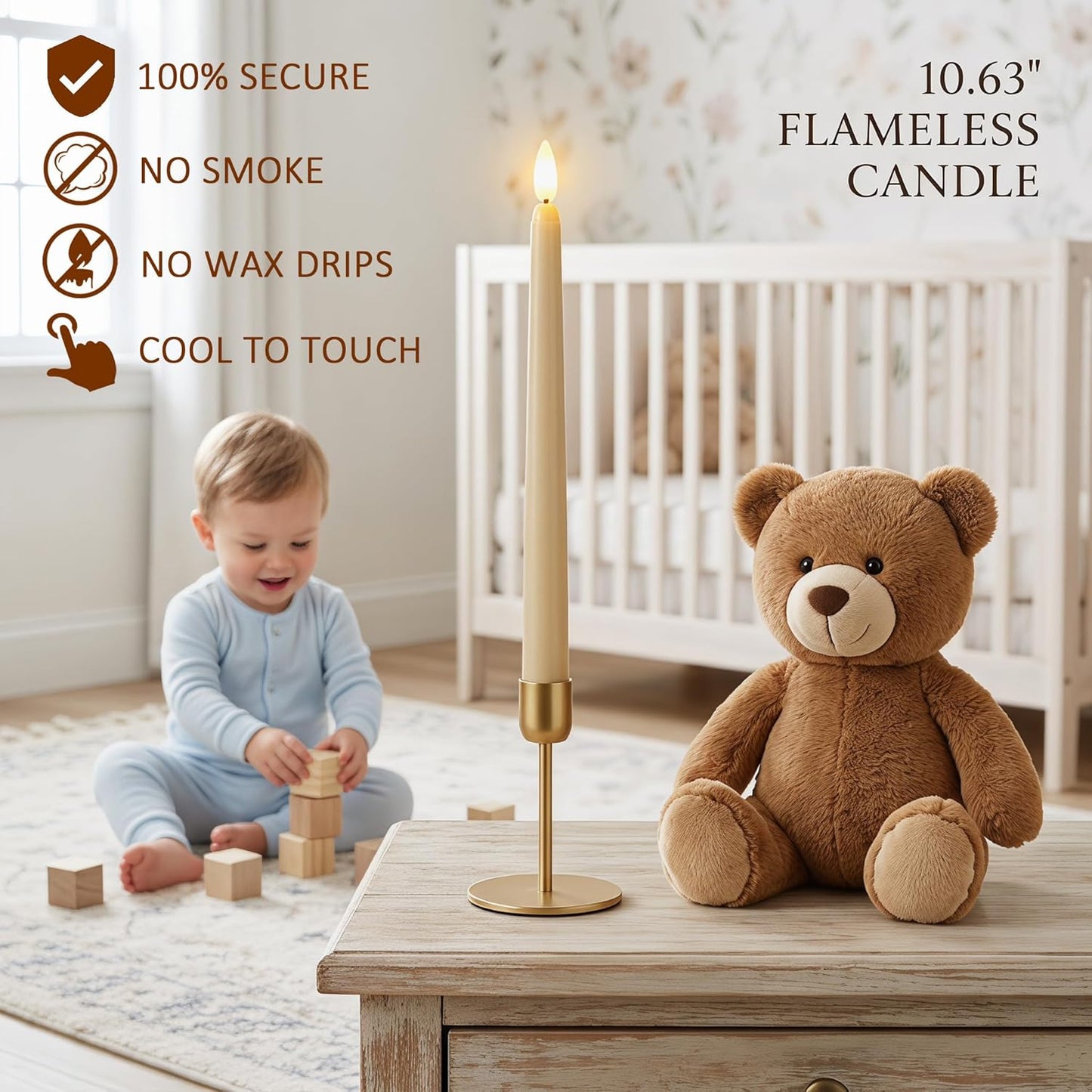 Flameless Taper Candles Ivory,3D Flickering Battery Operated LED Window Candles with 10-Key Remote,Warm Light Fake Candlesticks for Christmas Halloween Wedding Decor,0.78 X 10.6 Inch,Pack of 6