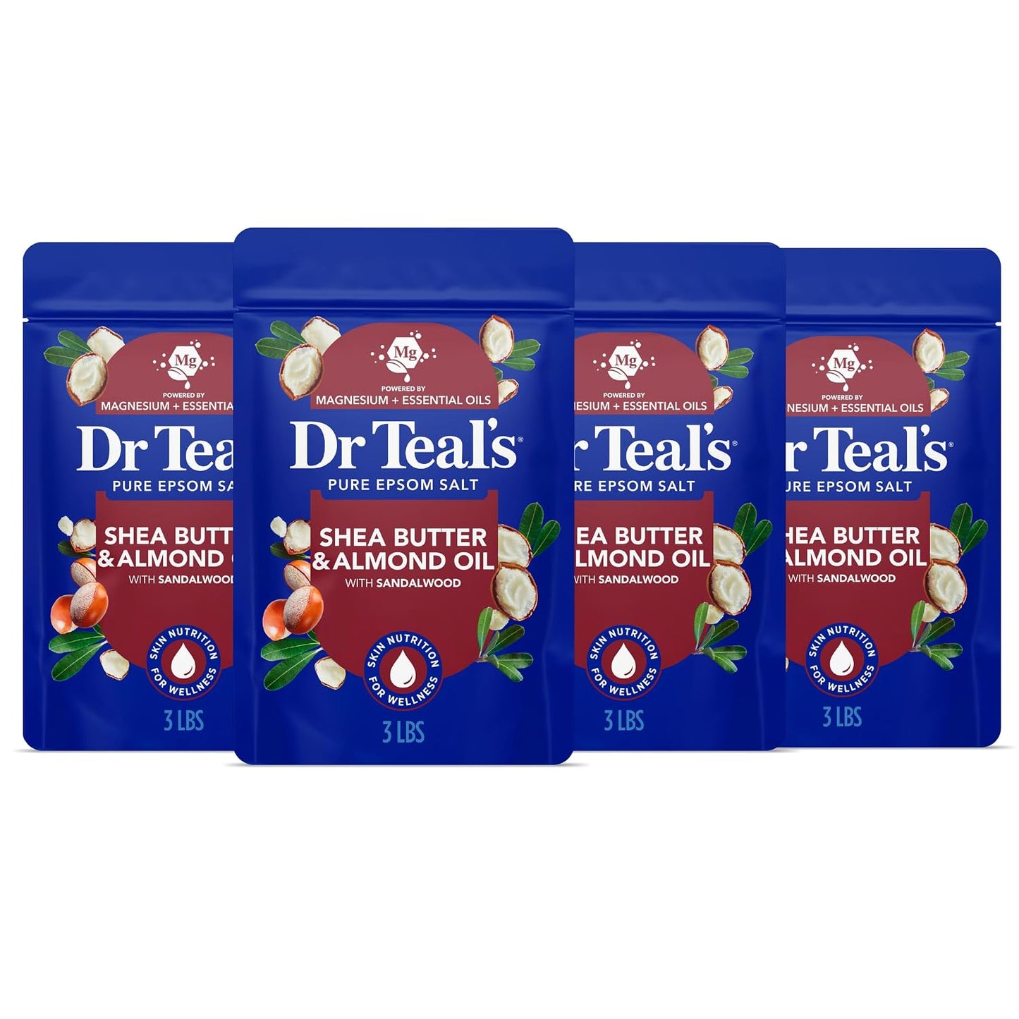 Dr Teal's Epsom Salt Magnesium Soak, Shea Butter & Almond, 3 lbs (Pack of 4)