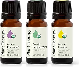 Plant Therapy Top 3 Organic Essential Oil Singles Set 10 mL (1/3 oz) Lemon, Lavender & Peppermint 100% Pure Essential Oils, Undiluted, Natural Aromatherapy for Diffusion and Body Care