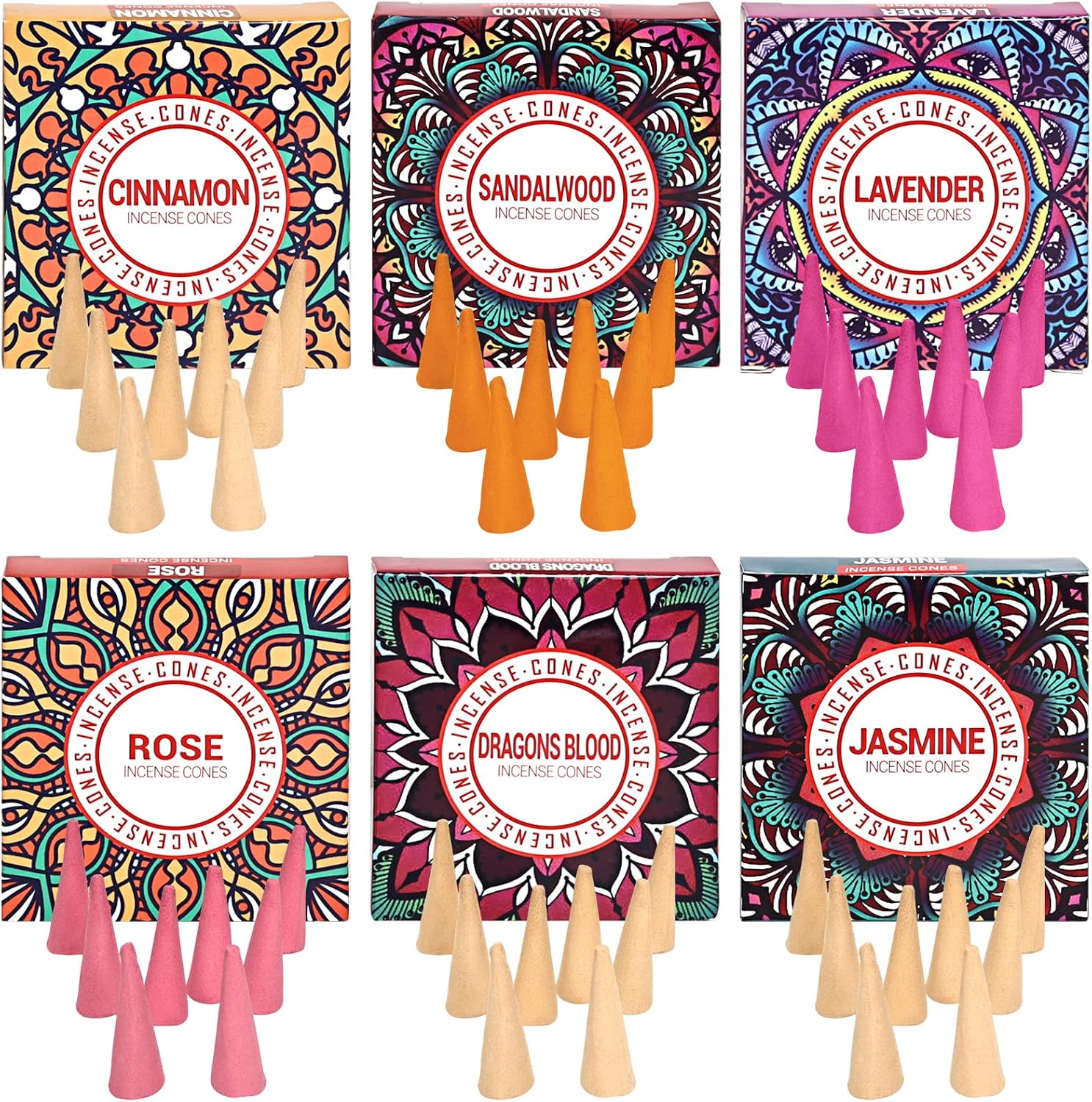 Incense Cones Set - Lavender, Jasmine, Sandalwood, Cinnamon, Rose, Dragons Blood for Meditation & Yoga