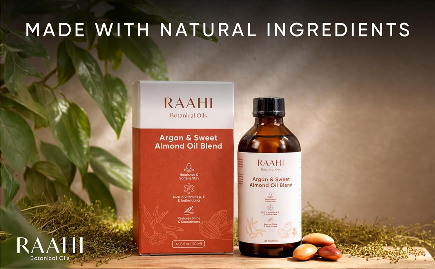 RAAHI Argan Oil and Sweet Almond Oil Blend for Hair and Skin, 4.05 fl oz / 120 ml, Lightweight Non Greasy Moisturizer for Face, Body, Scalp and Hair