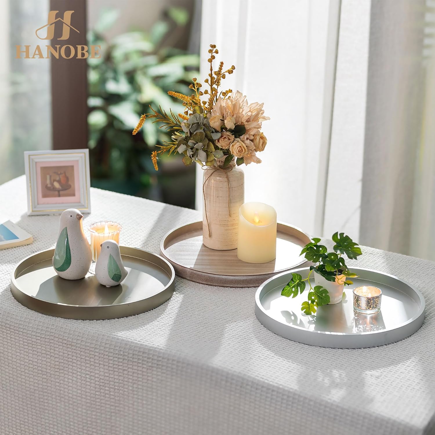 Hanobe Candle Plate Holder Tray: Champagne Gold Round Wood Candle Plate Decorative Centerpiece Small Tealight Pillar Trays for Living Room Dining Coffee Table Home Decor