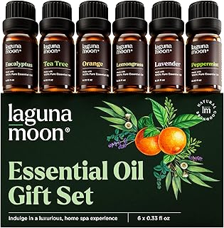 Lagunamoon Essential Oils Aromatherapy Set - 6 Oils for Diffusers, Home Care, Candle Making Scents, Fragrance, Humidifiers, Gifts - Peppermint, Tea Tree, Lavender, Eucalyptus, Orange (10mL)