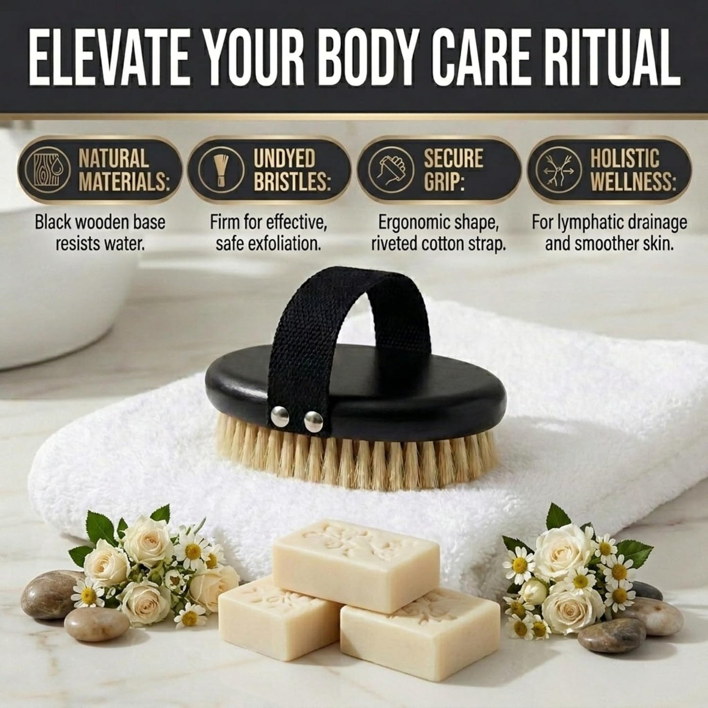 SERRENTO Dry Body Brush for Lymphatic Drainage Dry Brush Black 2 in x 5 in