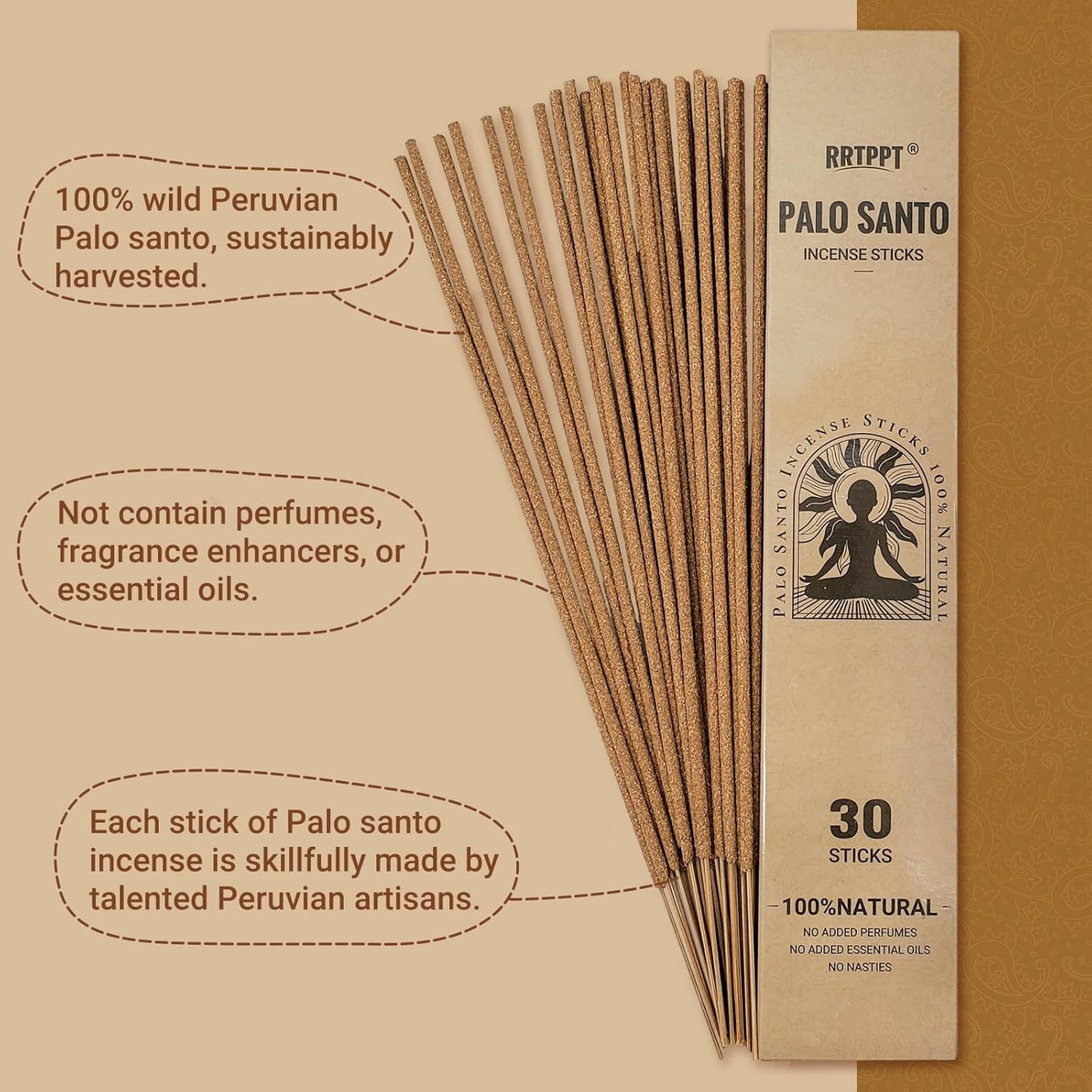 Palo Santo Incense Sticks (30 Sticks), 100% Natural sustainably harvested Peruvian Palo Santo, Suitable for Meditation, Relaxation, and Spiritual Purification